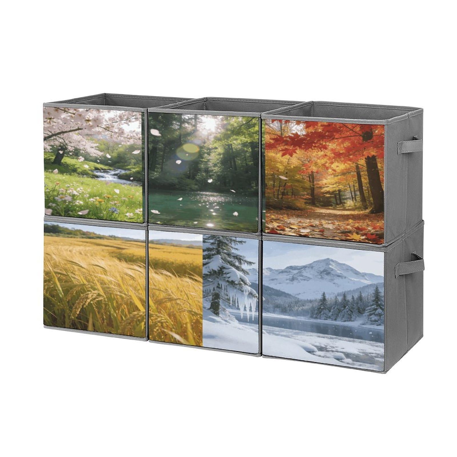 Fodpand Style Scenery Of The Four Seasons Cube Bins With Double Handles,Set Of 6 Cube Organizer, Stackable And Foldable Storage Bins For Organization, Closet, Shelves, Offices