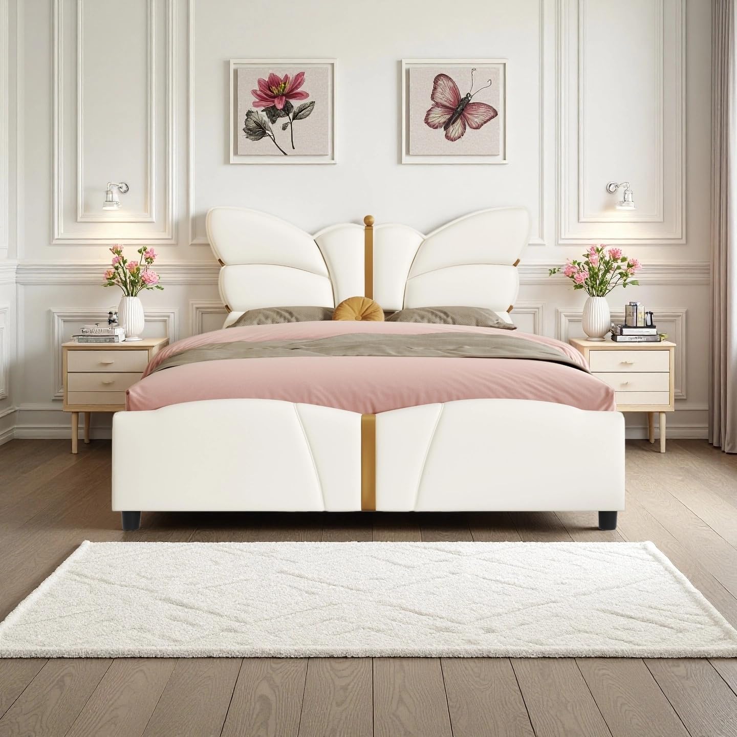 Merax Full Size Upholstered PU Leather Bed Frame with Butterfly Headboard and Footboard, Modern Platform Bed with Gold Metal Accents, Wooden Slat Support, No Box Spring Needed, Easy Assembly,Beige