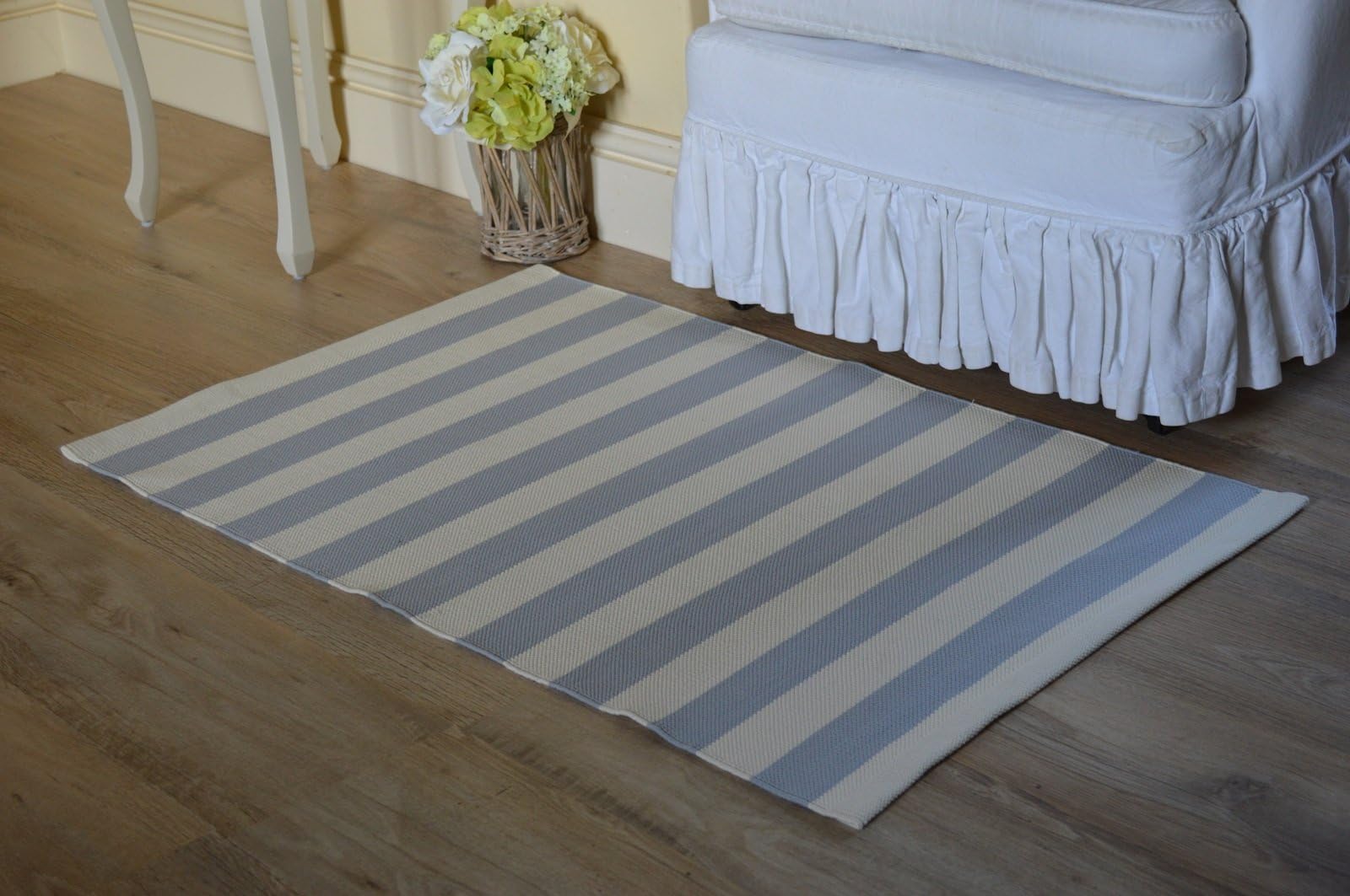 Floor Rug, 100% Cotton Salcombe Stripe Flat Weave Dove Grey/Vanilla 60x90cm 2x3