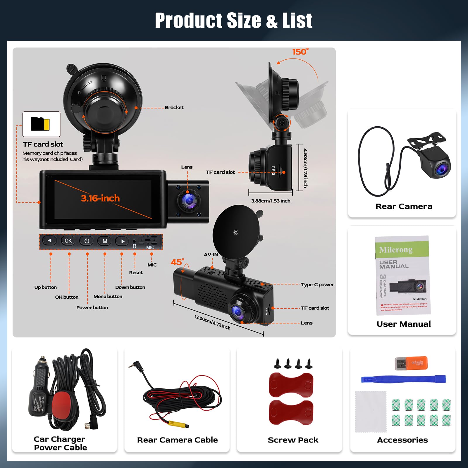OiLiehu 3 Canales Cámara para Salpicadero 3,16 Pulgadas para Coches, Full HD 2,5K+1080P+1080P, Tres Lentes con G-Sensor/Control App/Grabación en Bucle/Visión Nocturna/Asistente de estacionamiento/GPS