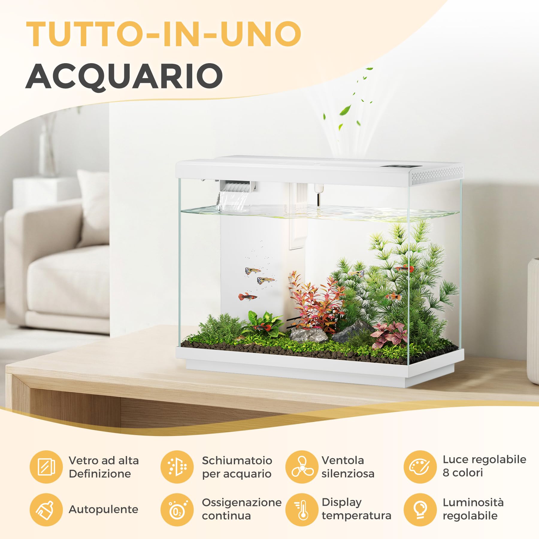 Acquario Completo 8,3 L, Acquario per Pesci Rossi Bianco | Filtro 4 in 1, pompa silenziosa, illuminazione LED a 8 colori, ventilatore, display temperatura, ideale per casa e ufficio