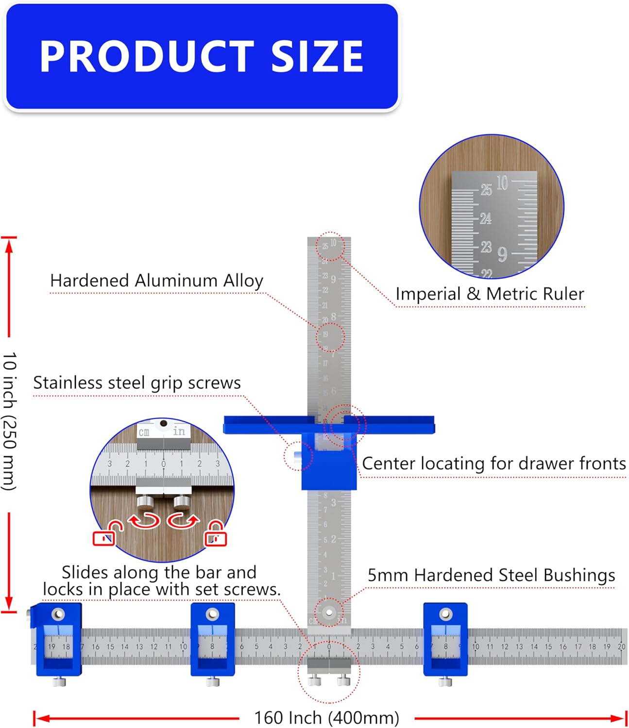 Cabinet Hardware Jig, Cabinet Handle Template with Center Punch, Double Scale Drawer Handle Jig with Alignment Drilled Hole for Handles and Pulls Door Drawer Front Knobs.