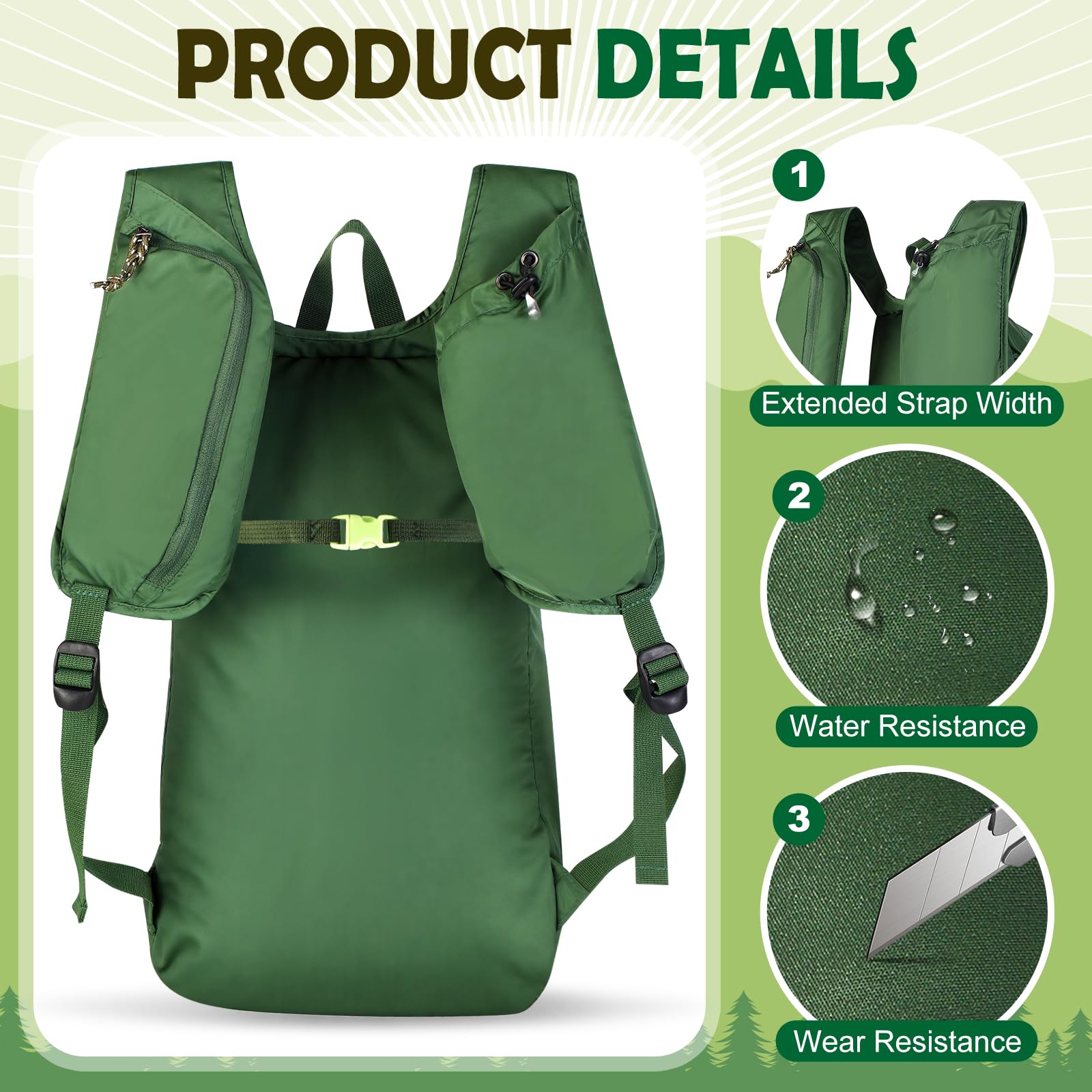Mochila de senderismo, mochila plegable de 12 litros, ligera y resistente al agua para senderismo, campamento y actividades al aire libre (verde oscuro) 3