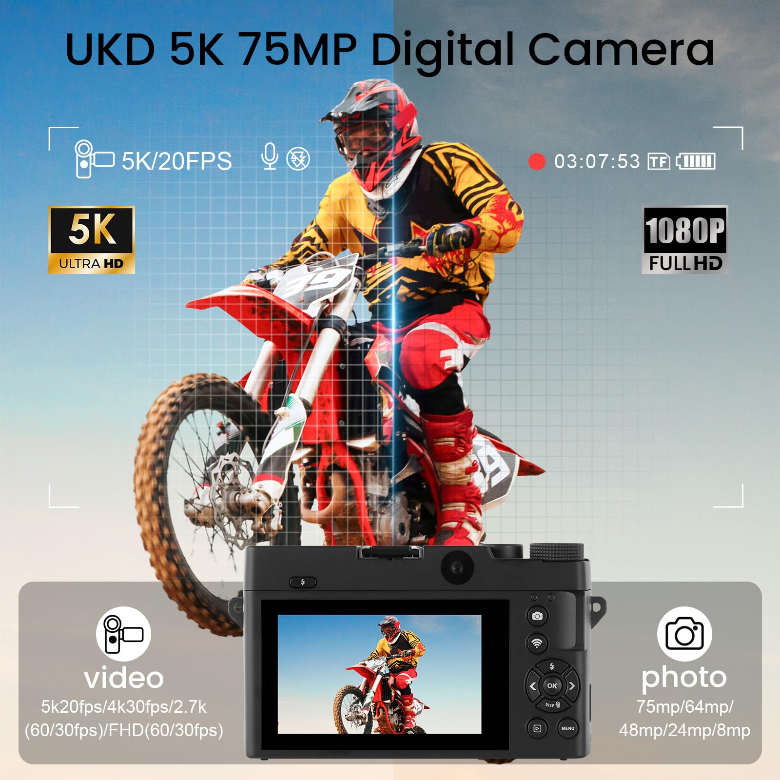 SOPPY Cámara digital 5K, cámara selfie mejorada de 75 MP con función WiFi para Youtube, zoom digital de 16X, cámara digital compacta con tarjeta de 32 GB, 2 baterías, compacta para niños, adolescentes