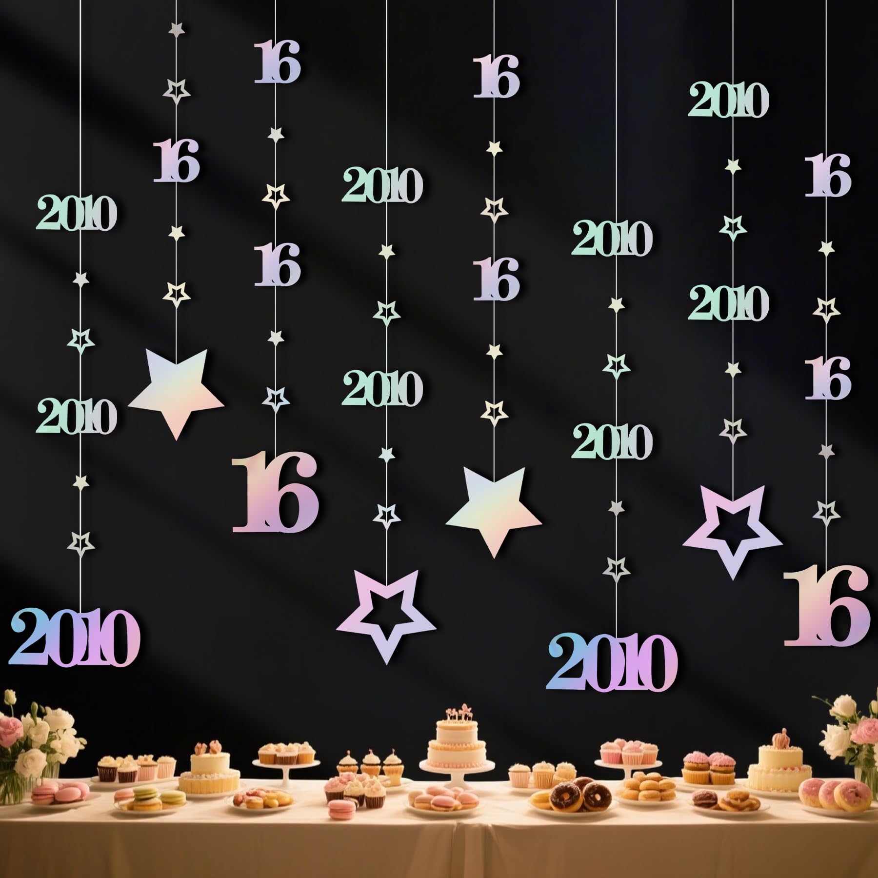 Dmnnlp 16th Birthday Decorations, Iridescent Hanging Number and Stars Banner for 16 Years Old Boys Girls, Birthday Decorations Supplies for Teenagers Born in 2010