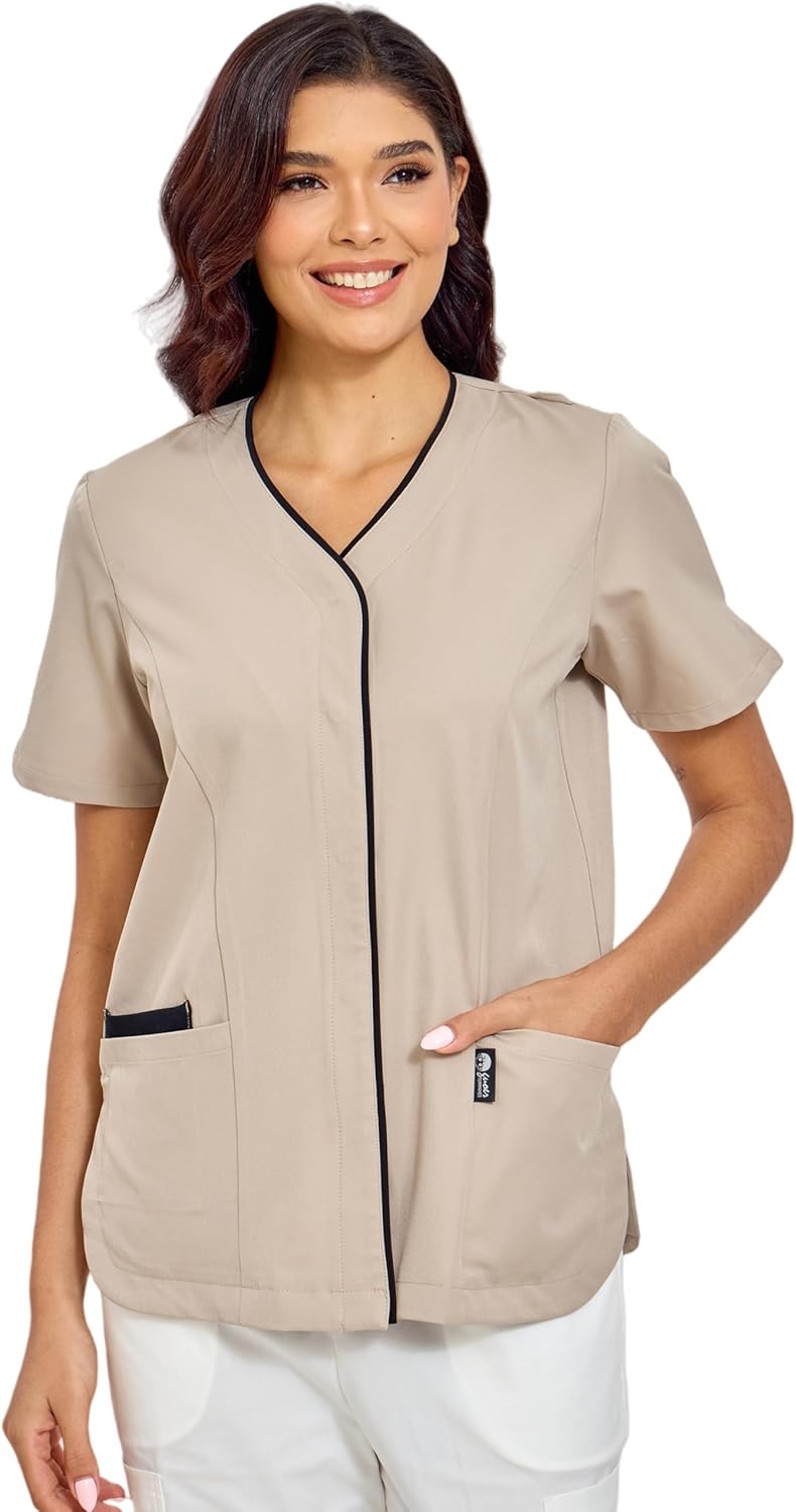 GUOER Scrub Tops Women, V-Neck Contrast Color Paneling, Slit Cuff, Side Slit with Rounded Corners, Snap Front, 3 Pockets