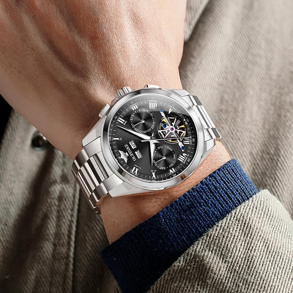 OUPINKE Watch for Men Automatic Wristwatch Sapphire Crystal Calendar Skeleton Luminous 3D Dial with 5ATM Waterproof Luxury Tungsten Steel Strap - Image 4