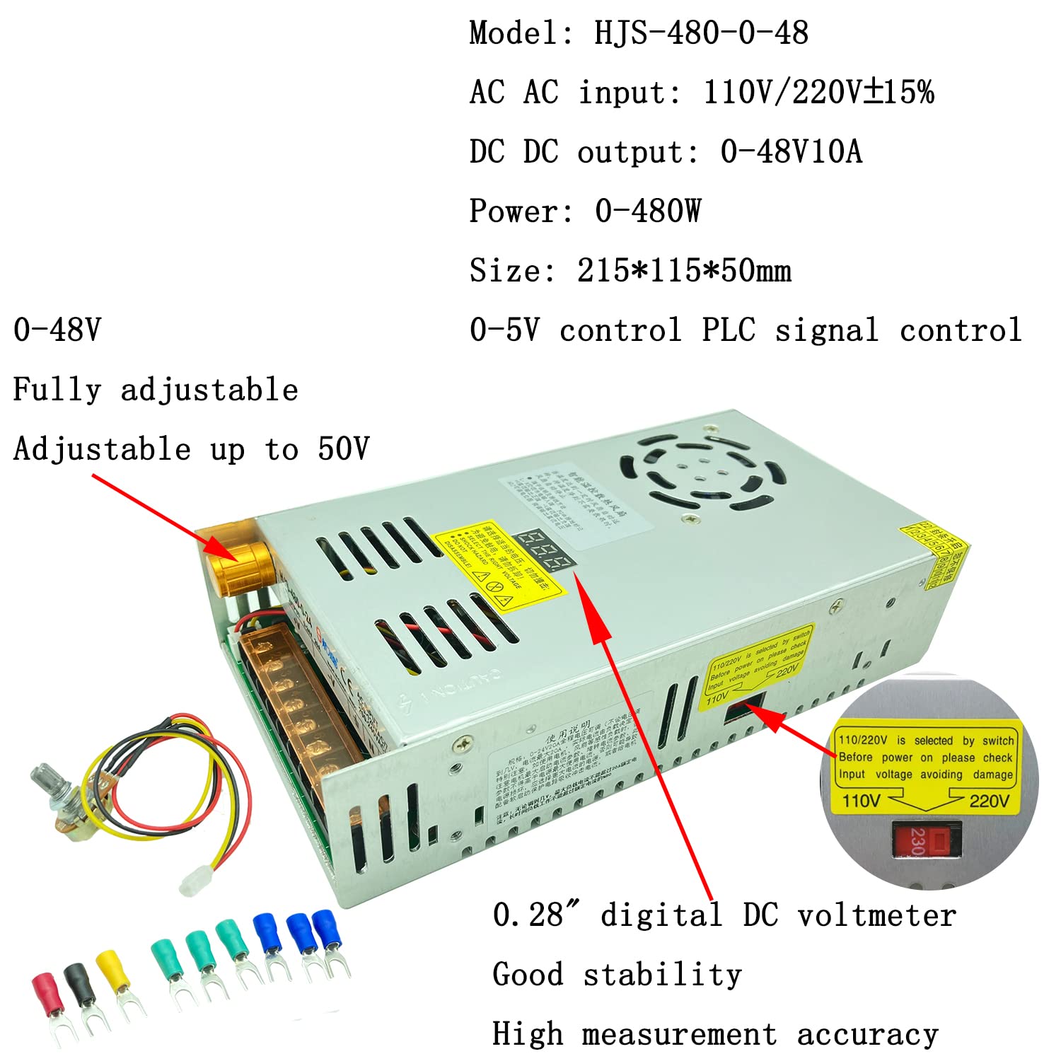 Transformateur AC-DC 0-48V ajustable 10A-480W voltage digital display DC regulated switching power supply Adapté aux moteurs de contrôle de vitesse, équipement LED, systèmes d'imprimante 3D