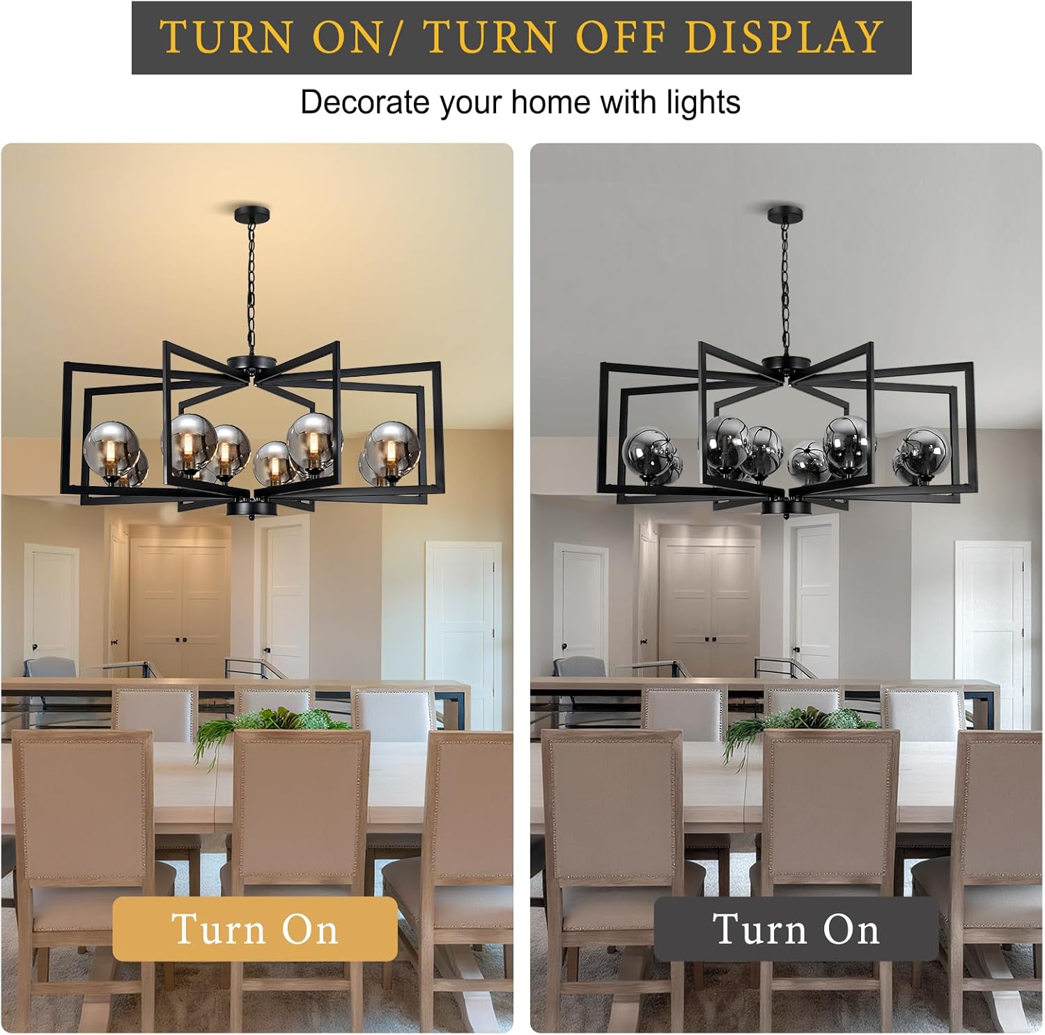 Black Chandelier Large Farmhouse Entryway Light Fixture 37 Incn 12-Light Geometric Chandeliers for Dining Room with Smoked Glass Foyer Chandelier High Ceiling Modern Metal Light Fixture