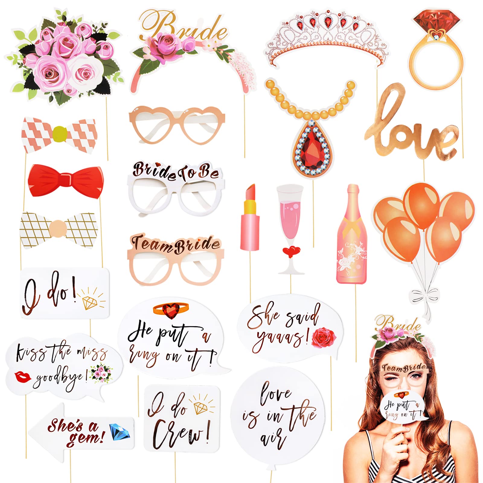 Buy Hen Party Photo Booth Props, LMSHOWOWO 23 PCS Rose Gold Team Bride