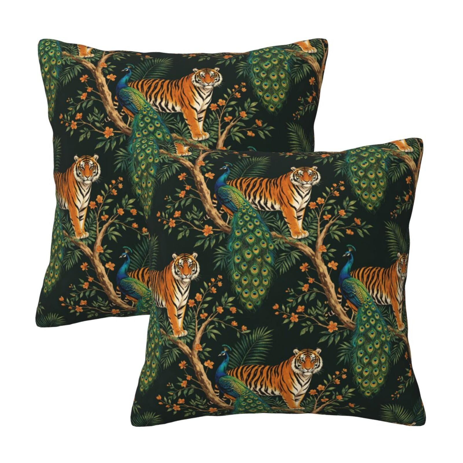 Tiger and Peacock Pillow Covers 18x18 in Couch Pillow Case Sets of 2 Modern Decorative Square Throw Pillows for Home Living Room Bedroom Bed Cushion Outdoor