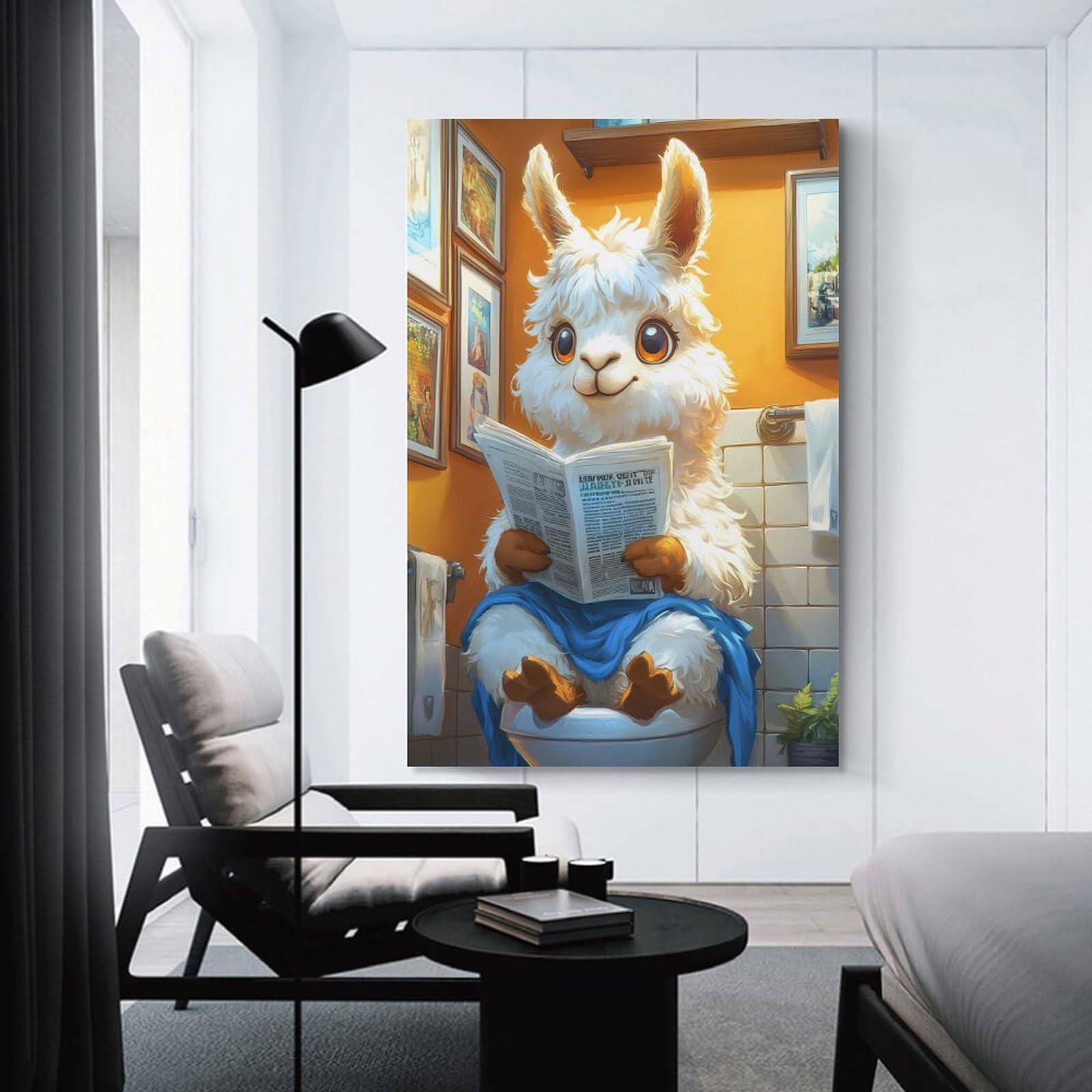 Junmoney Unframe-Style-17-1 Llama Reading Newspaper On Toilet Wall Picture Print, 16X24inch(40X60cm), For Workspace Walls, Study Corners Or Bedrooms, Wall Art That Adds Style To Work Areas