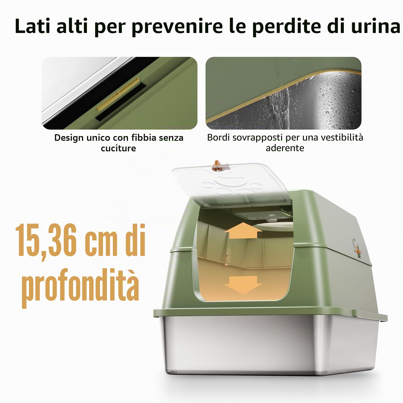 Lettiera per Gatti in Acciaio Inox, Lettiera Gatto Chiusa XXL, 60 x 40 x 39 cm Toilette per Gatti Grande XL con Pala, Cassette igieniche per gatto, Doppio Strato Opaco - Verde