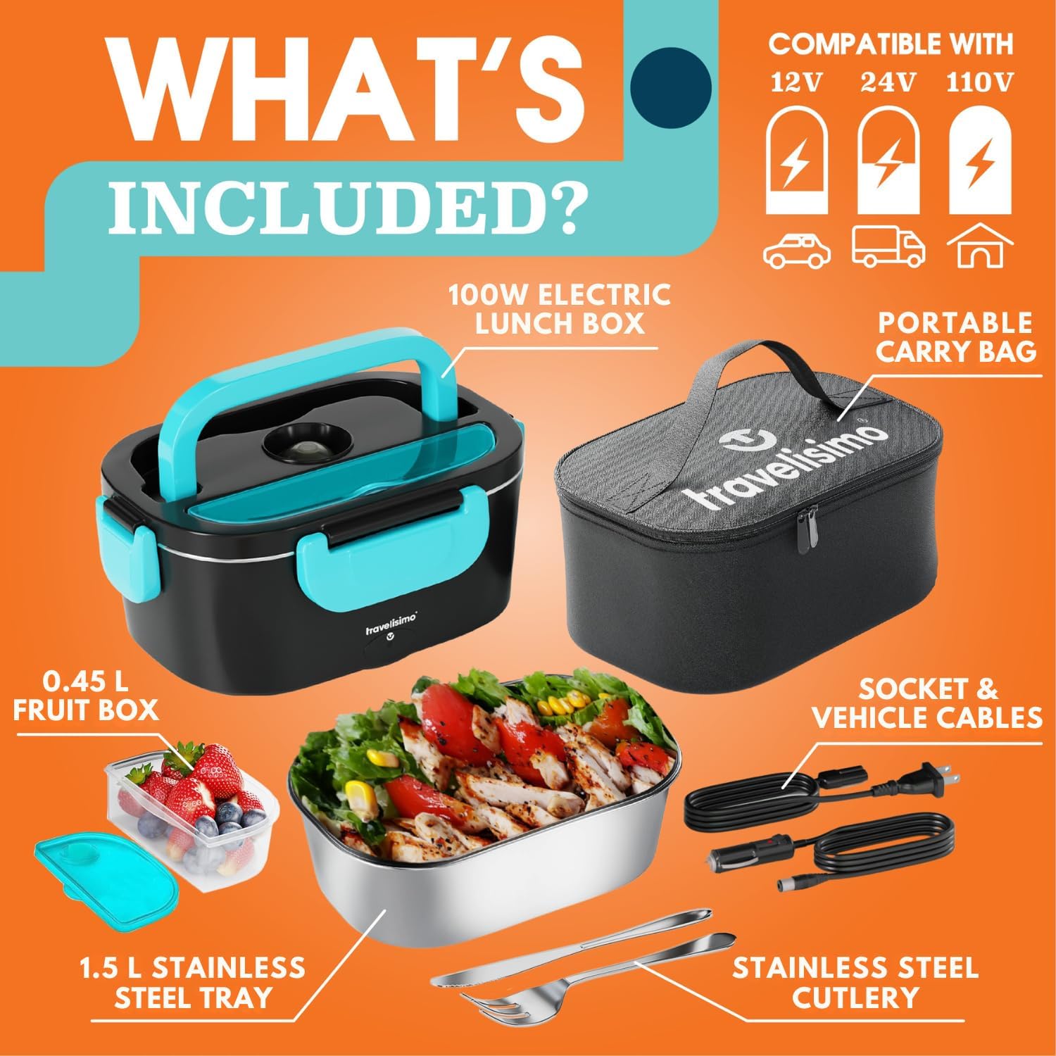 TRAVELISIMO Electric Lunch Box for Adults 100W Heated Lunch Box For Men 1.5L Stainless Steel Portable Food Warmer, 12/24/110V for Travel & Work, Loncheras Electricas Para Calentar almuerzo - Image 5