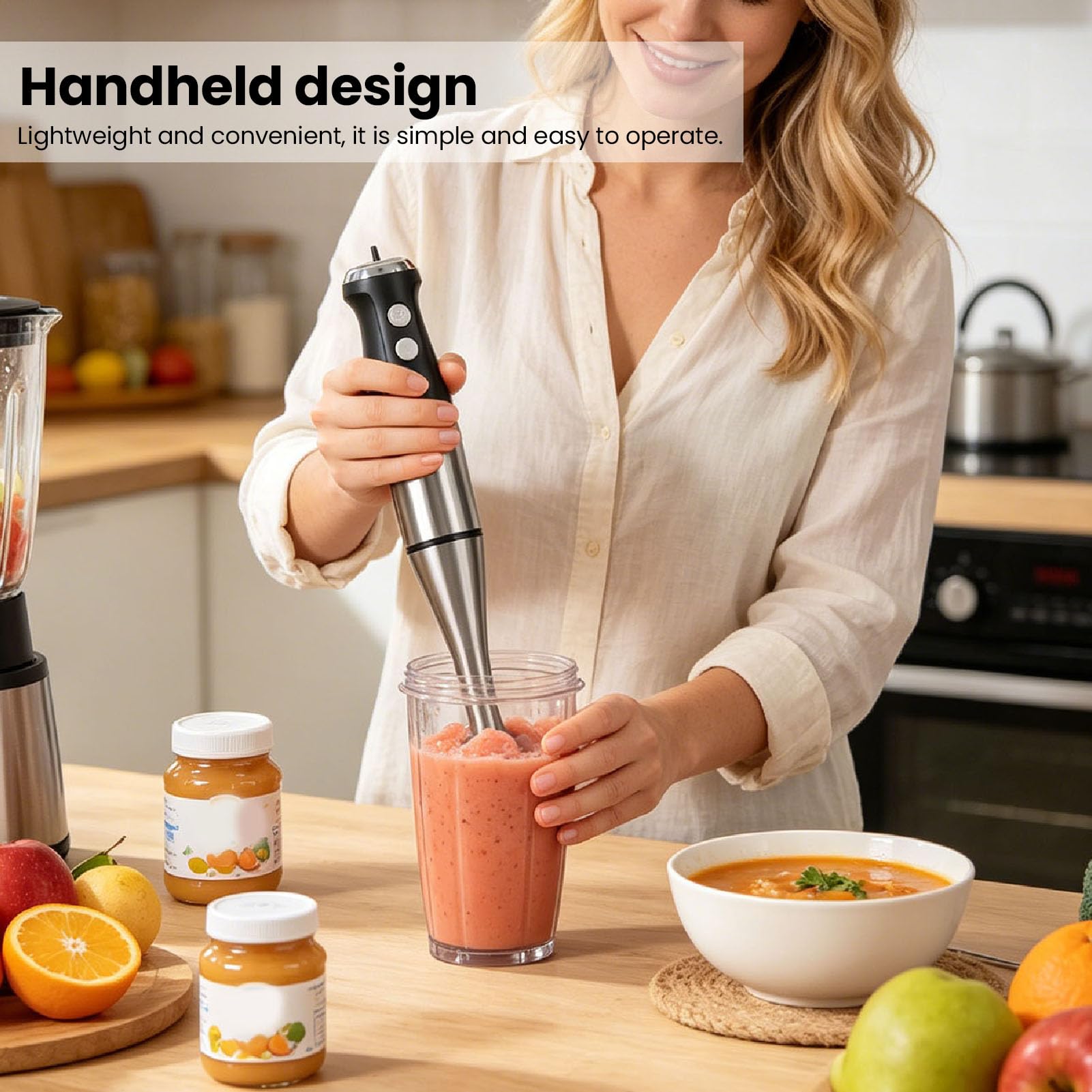 Naroote Batidora de Mano, Batidora Eléctrica Portátil para Frutas con 4 Cuchillas de Acero Inoxidable, Diseño Compacto, Batido sin Esfuerzo, para Batidos, Comida para Bebés y Sopas