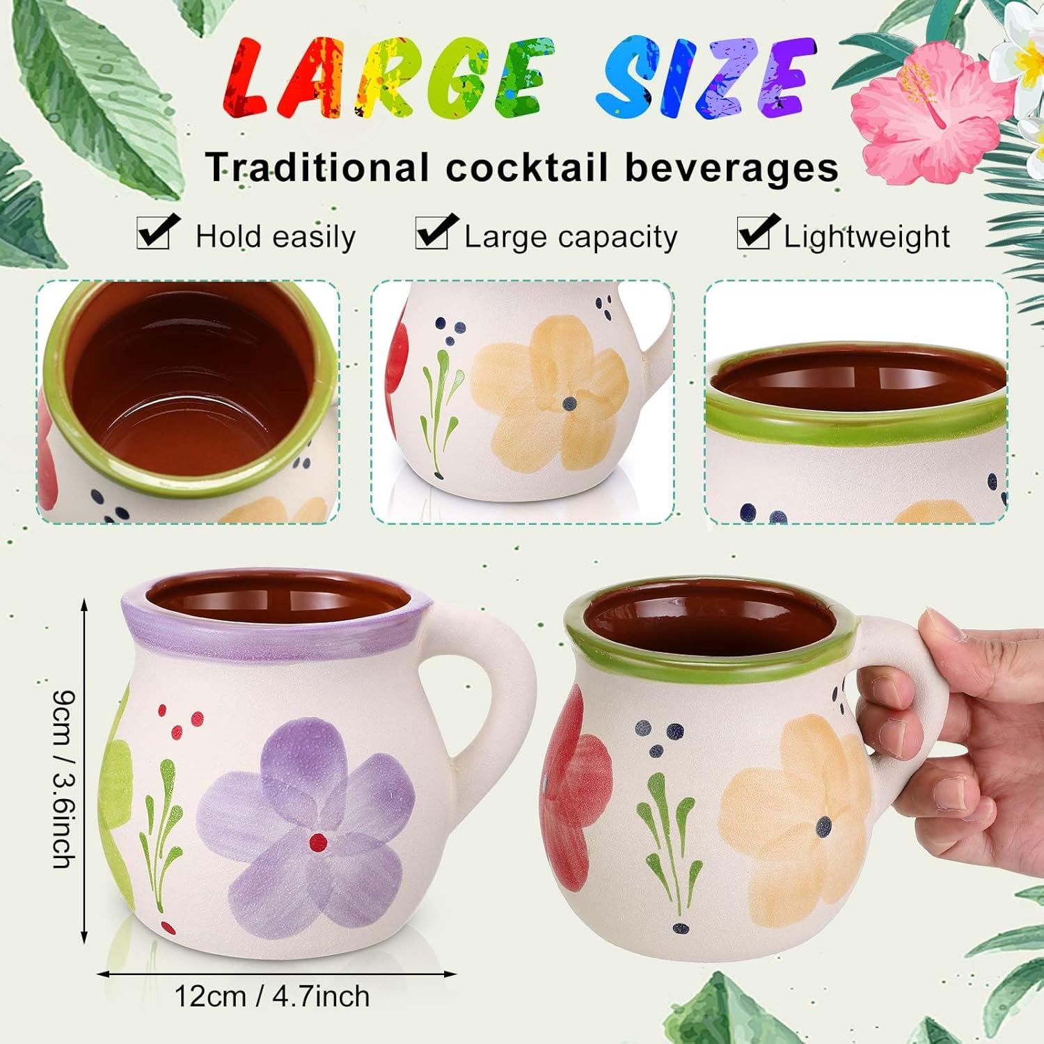 Gejoy Pack of 12 12oz Mexican Terracotta Mugs Clay Cups Artisan Made Coffee Mugs, Cocktail Glasses and Tea Cups for Cold Drinks, Hot Drinks, Decor