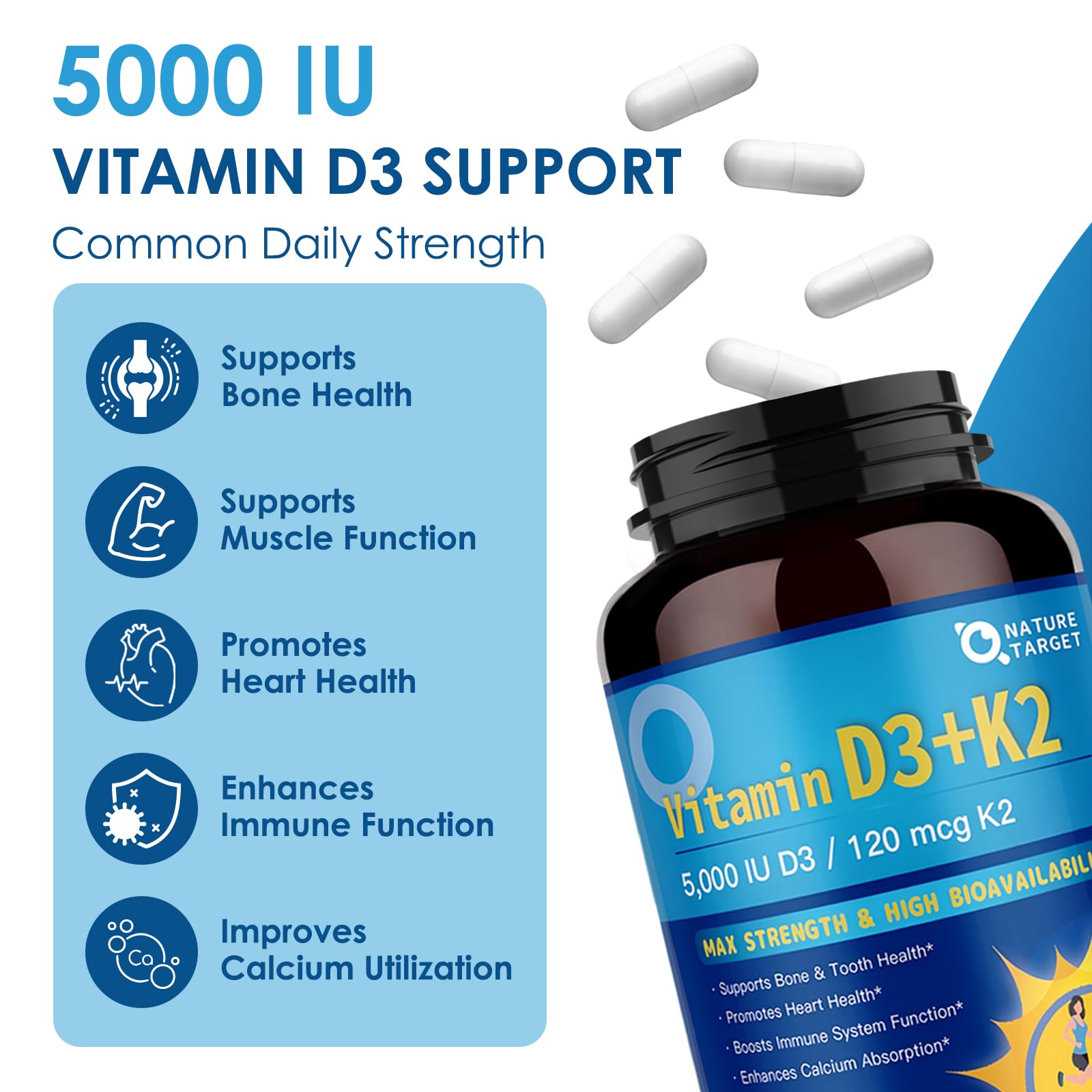 NATURE TARGET Vitamin D3 K2 with Calcium & Magnesium, 120 Servings — Amazon image 3
