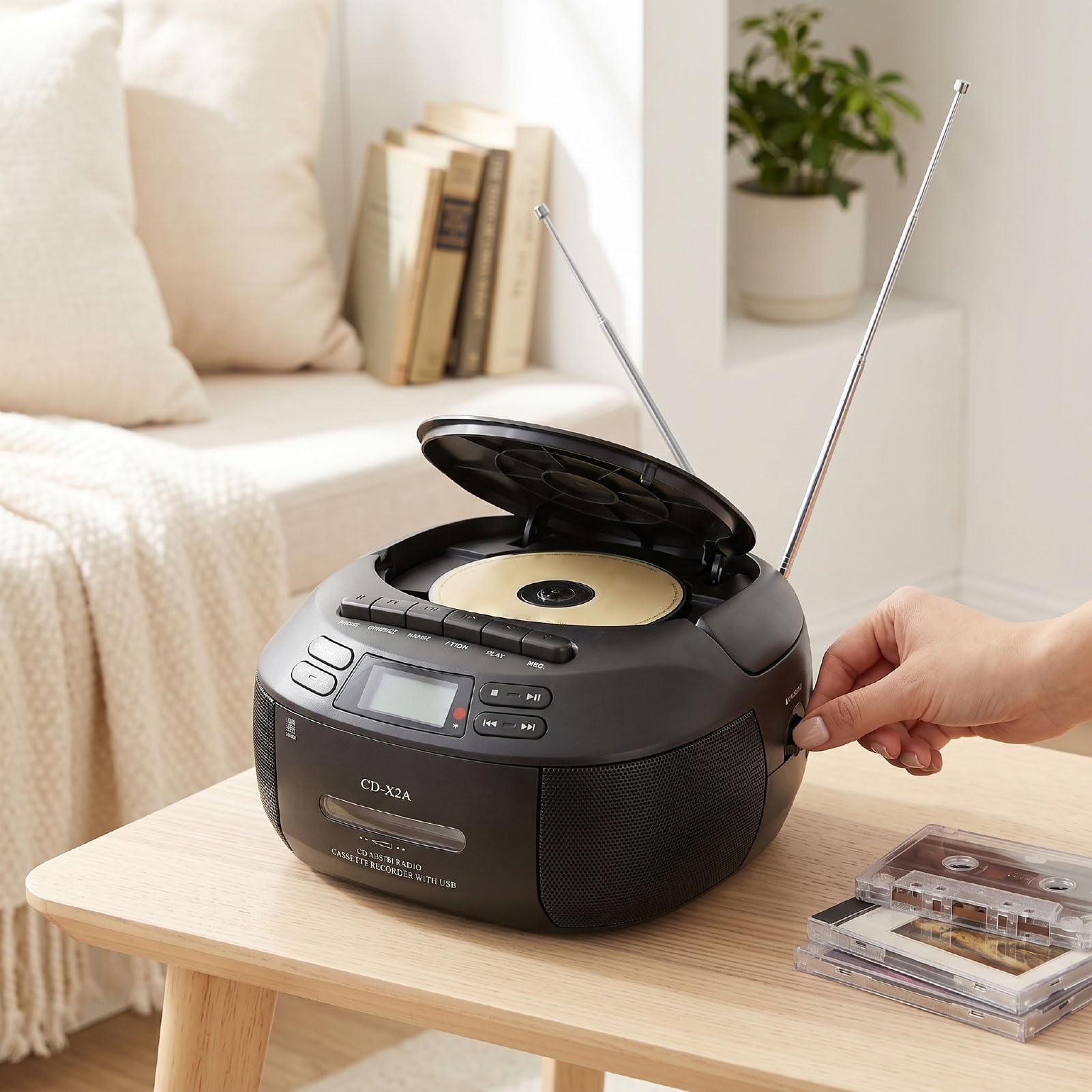 CCYLEZ Przenośny Odtwarzacz CD z Bluetooth, Zestaw Stereo Retro z Podwójnymi Głośnikami 3 W, Radio FM, Magnetofon Kasetowy, Wejście USB/AUX dla Seniorów Podróżujących W Domu (wtyczka UE)