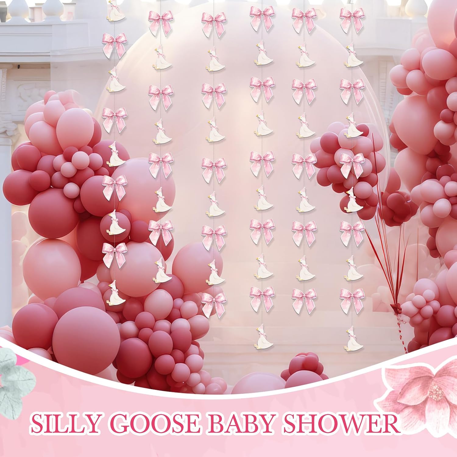 Breling 8 Pcs One Silly Goose Birthday Decorations Pink Bow Paper Hanging Garland Banner Streamers Duck Cute Bow Goose Theme Baby Shower 1st Birthday Party Supplies