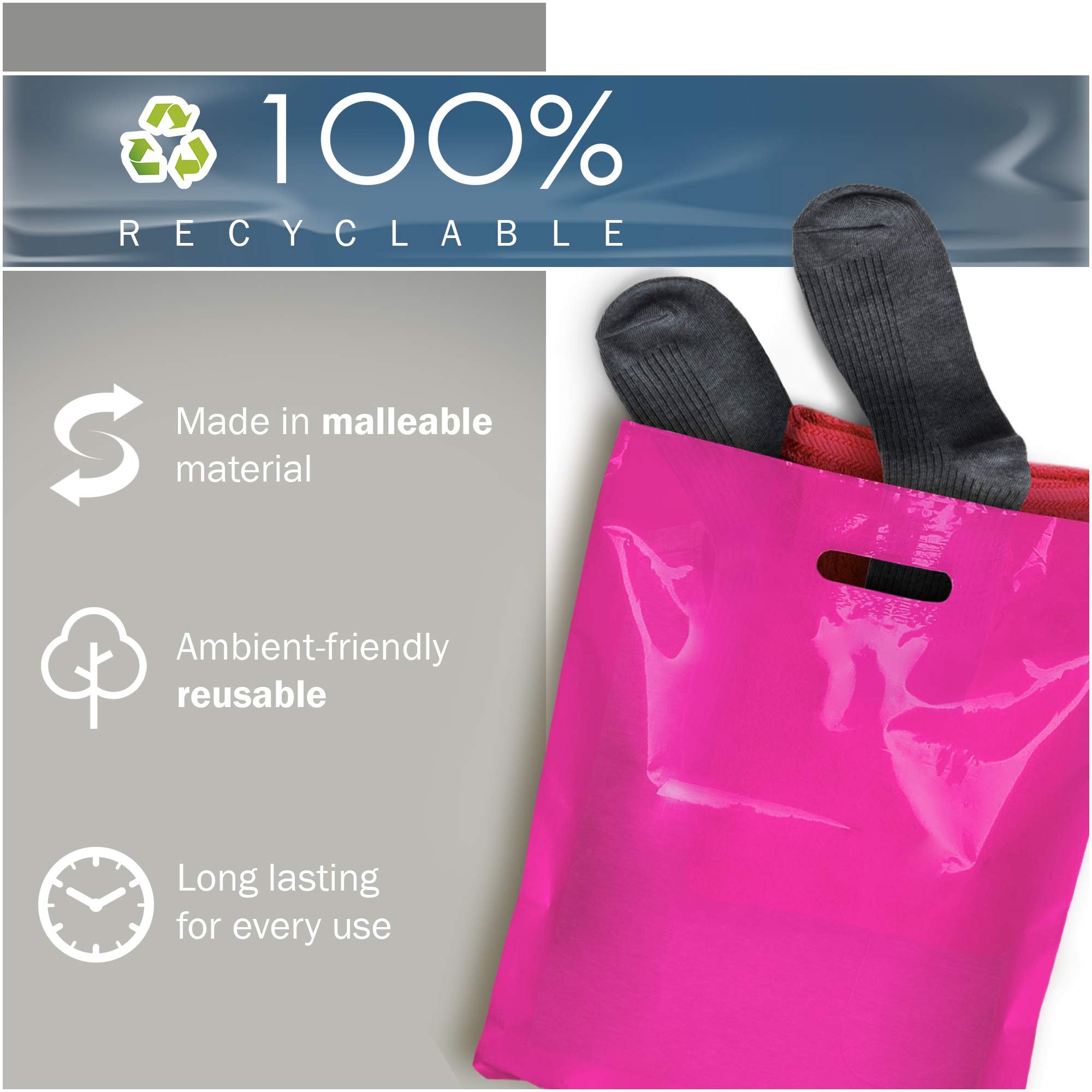 Różowe plastikowe torby na zakupy, 100 sztuk, 30 x 38 cm z grubymi uchwytami o grubości 1,5 ml, idealne do sprzedaży detalicznej, upominków na imprezę, urodziny, imprezy dla dzieci, kolor różowy, w