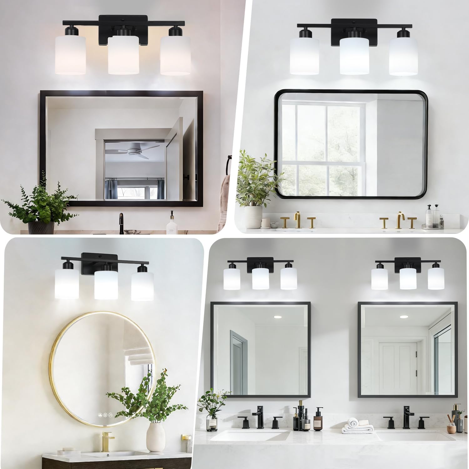 3-Light Bathroom Vanity Light Fixtures, Black Modern Vanity Light Over Mirror, Modern Wall Light with Milky White Frosted Glass Shade for Bathroom Bedroom Living Room Kitchen Hallway