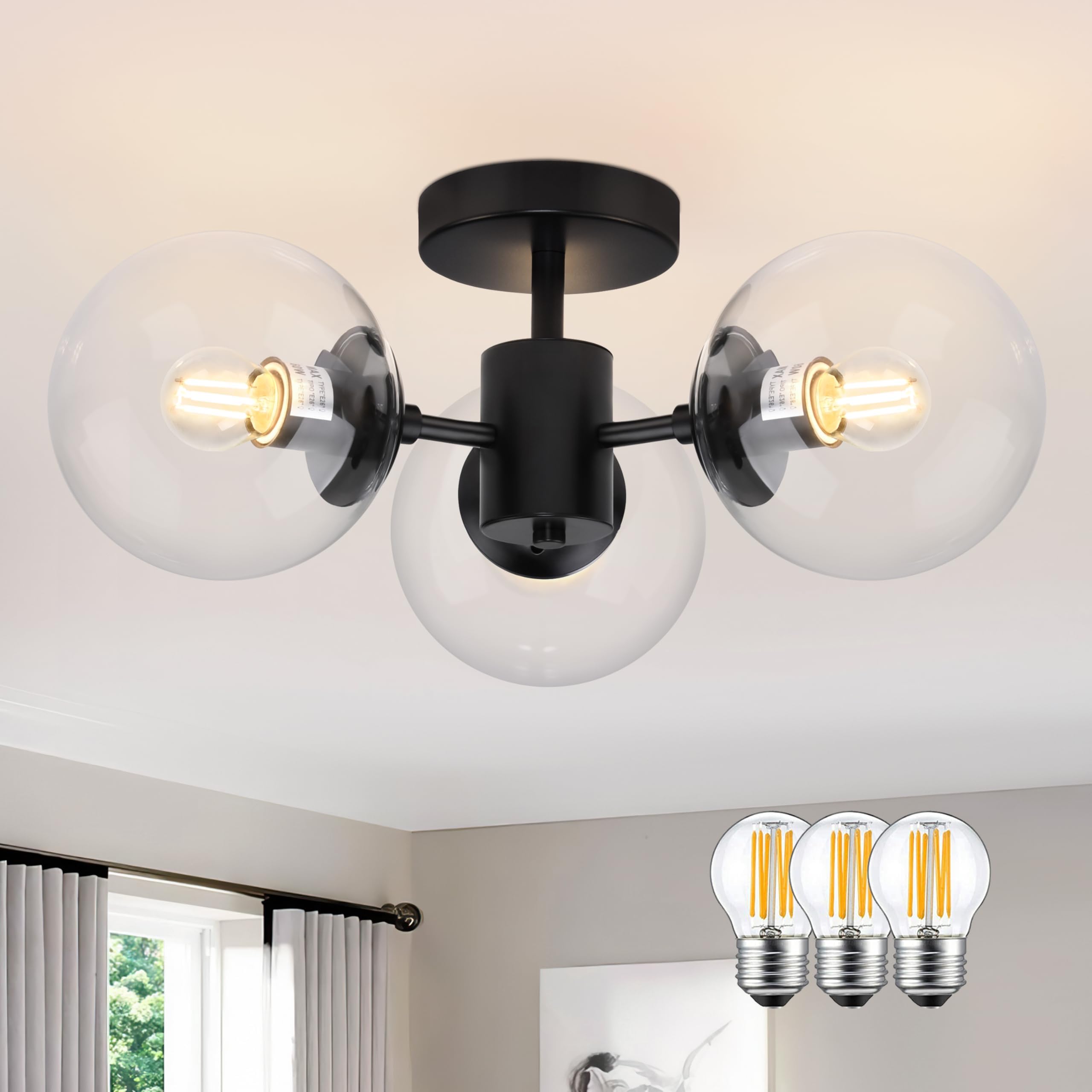 3-Light Semi Flush Mount Ceiling Light, Black, Clear Globe Shades, Mid Century Modern, 19 inch, E26 Base, Bulbs Included-picture-34