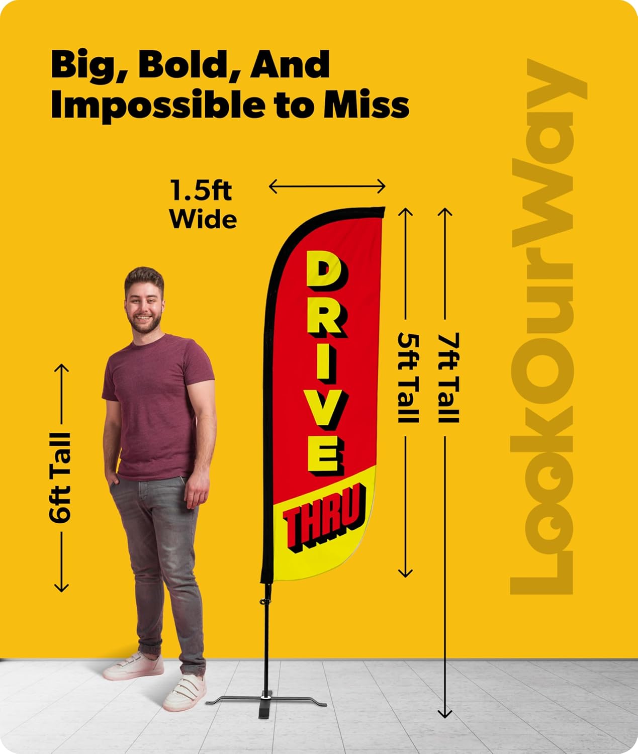 LookOurWay Feather Flag Set - 5ft Tall Advertising Banner Flag with Pole Kit and X-Stand for Business Promotion - Thrive Thru Red/Yellow