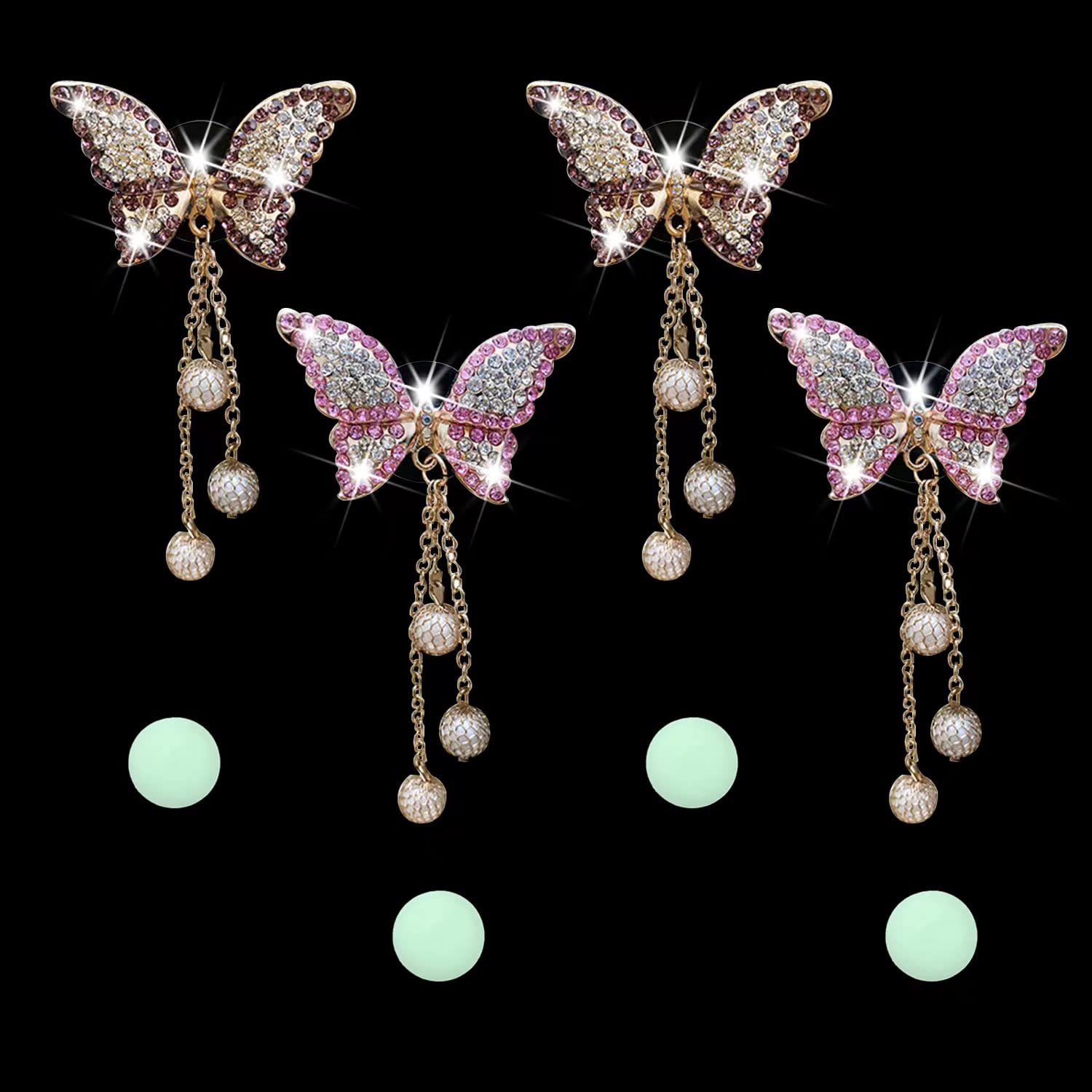 4 in 1 Bling Butterfly Aromatherapy Air Vent Clips, Diamond Pearl Pendant Butterfly Car Air Fresheners, Cute Car Decoration, Interior Decor