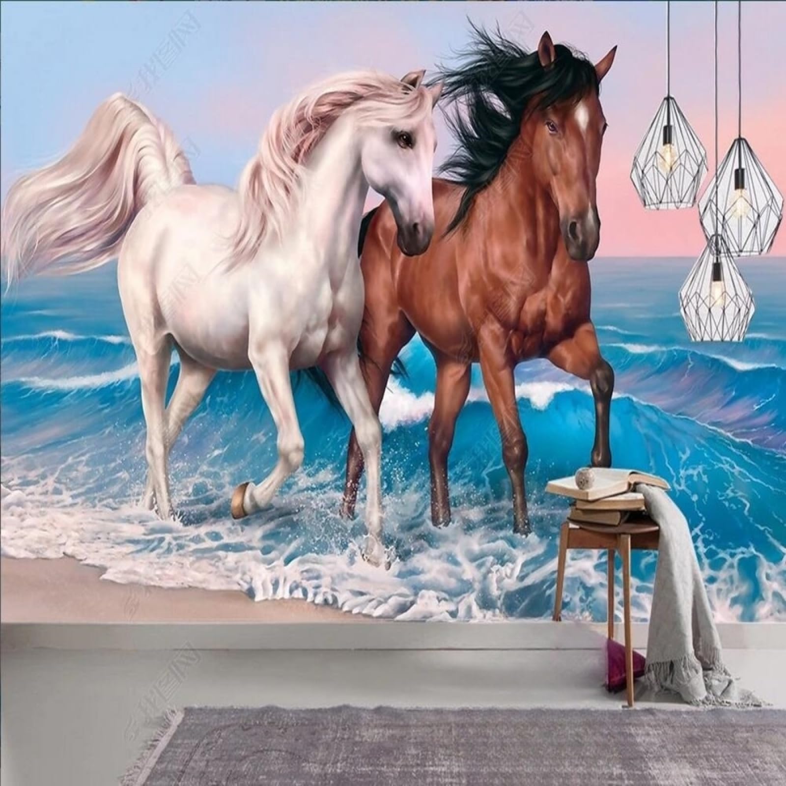 Mural de pared 3D caballos al atardecer XLMING para decorar el comedor y traseras de sofa