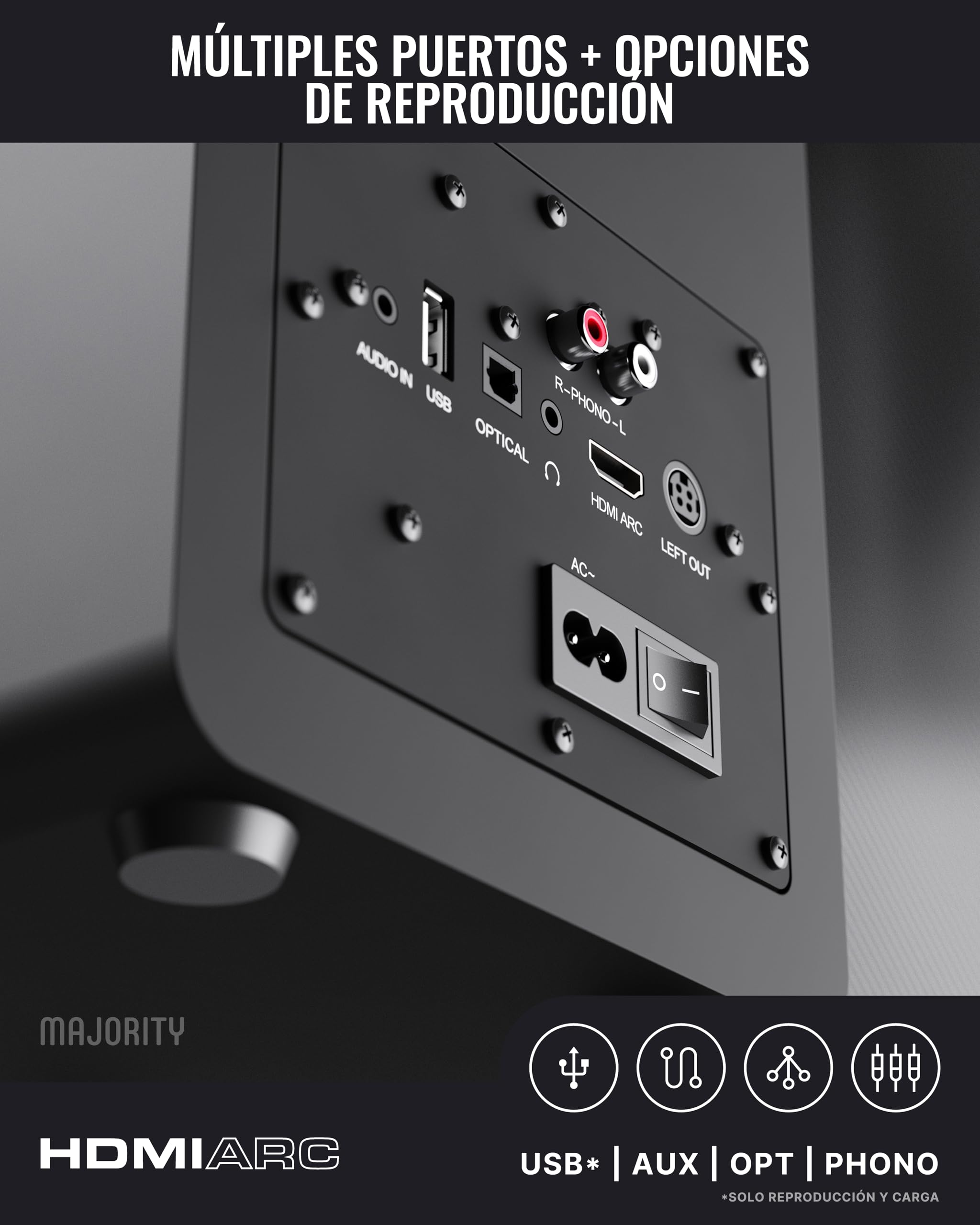MAJORITY D100X Altavoces Bluetooth Activos | Altavoces HiFi Estéreo 2.0 | 100W | Altavoz para PC, TV, Giradiscos | HDMI ARC, Phono, RCA & AUX (Negro)