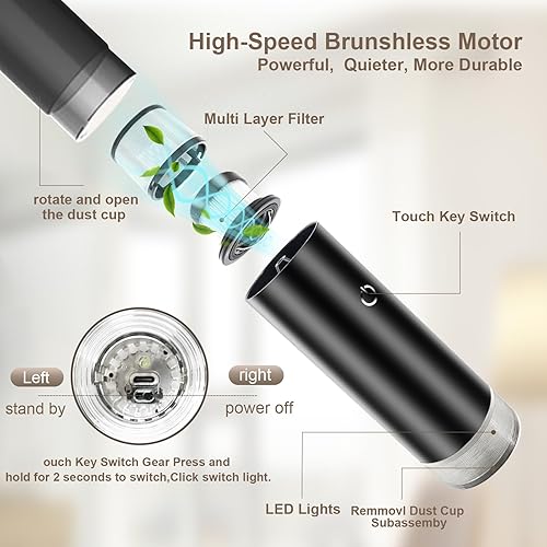 Miniatura 5 de BEBEMOR Aspiradora de mano de 16000 Pa, aspiradora inalámbrica de mano, aspiradora recargable con luz LED para automóvil, oficina, hogar y pelo de