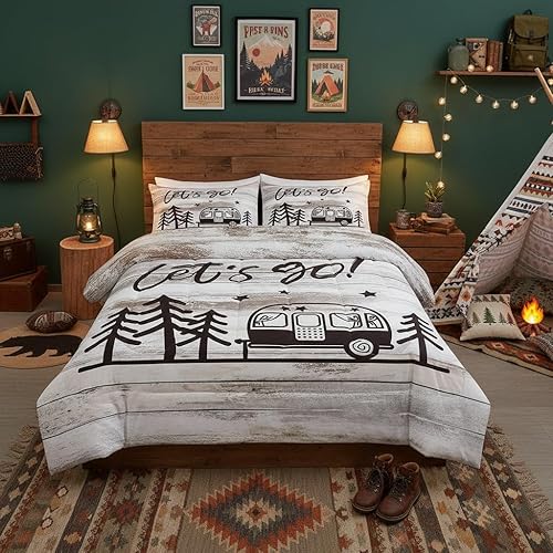 Homewish Happy Camping Comforter Set Queen Size Travel Car and Tree Bedding Set 