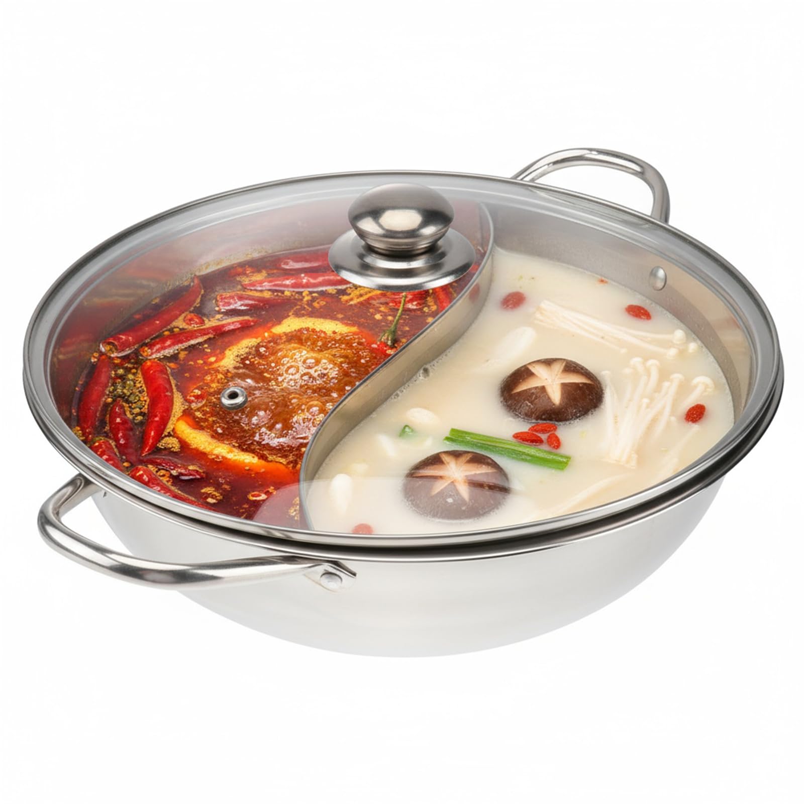 Stainless Steel Hot Pot with Divider, 30cm Dual Sided Shabu Cooking Pot with Lid, Chinese Hotpot with Lid for Home Cooktop Induction Gas Stove