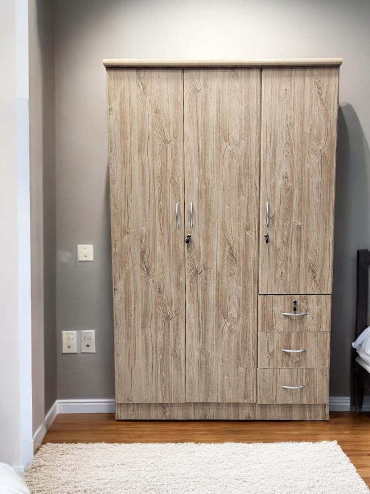 Multi Home Furniture 3 Door Wooden Wardrobe MH-P633-Light Oak Cabinet Cupboard Engineered Wood Perfect Modern Stylish Heavy Duty wooden wardrobe with 3 drawers
