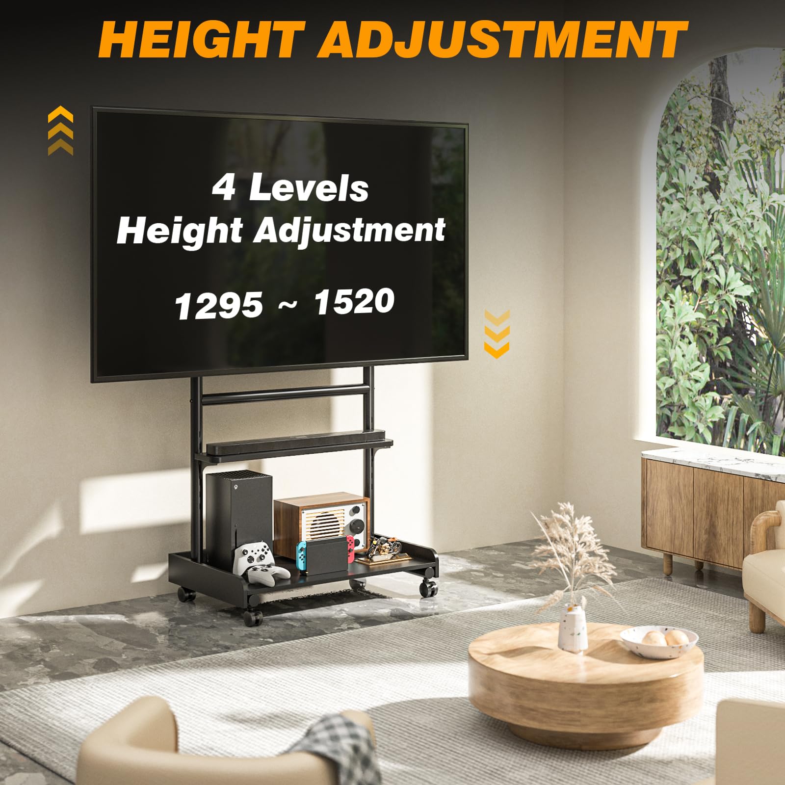 TVON Support TV sur Pied pour Téléviseur de 40-86 Pouce Ecran LED LCD Plasma, Support TV roulettes avec Socle en Bois Réglable en Hauteur Chariot TV avec Étagère Jusqu 'à 68 kg Max VESA 600x400 mm