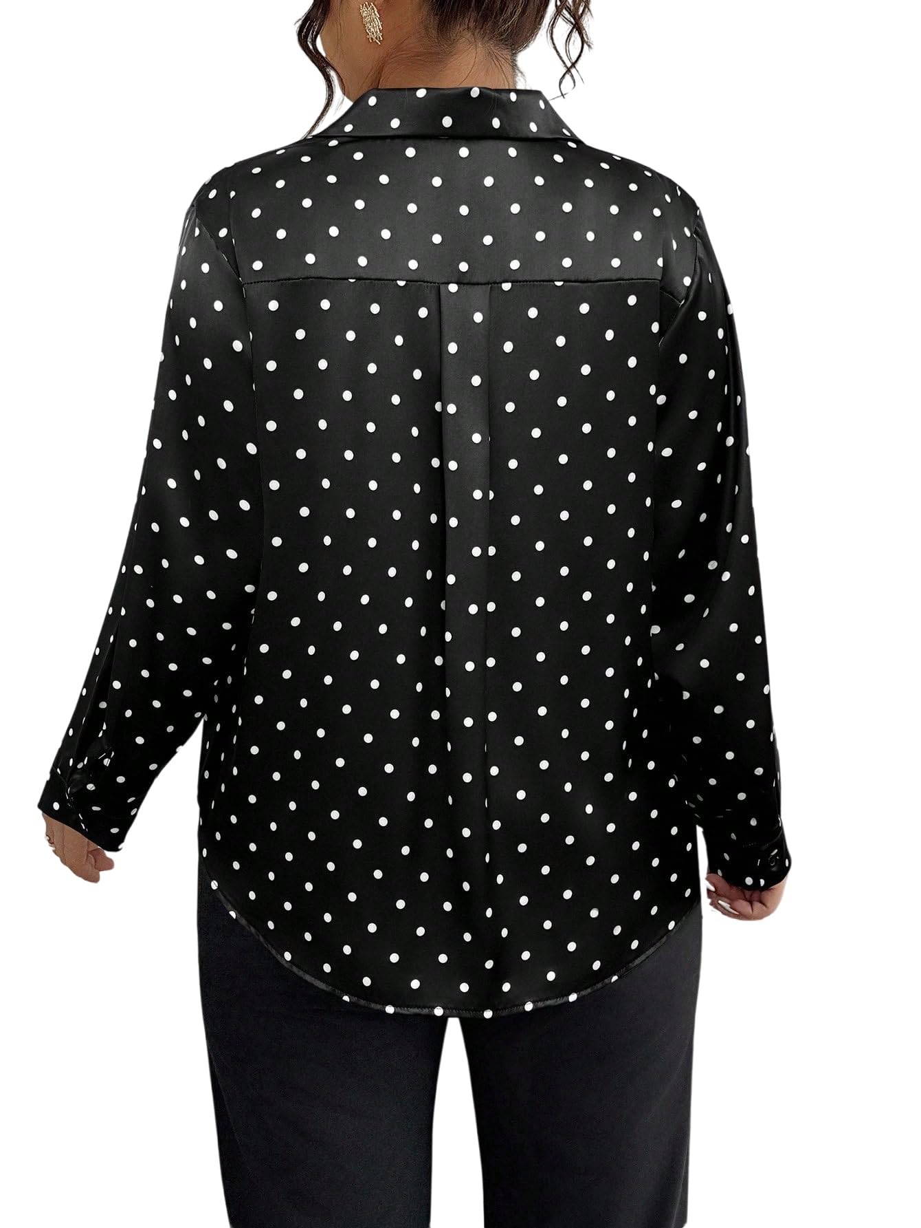 GORGLITTER Chemisier en satin pour femme - Grandes tailles - Chemise avec motif à pois - Col de chemise - Chemisier à manches longues
