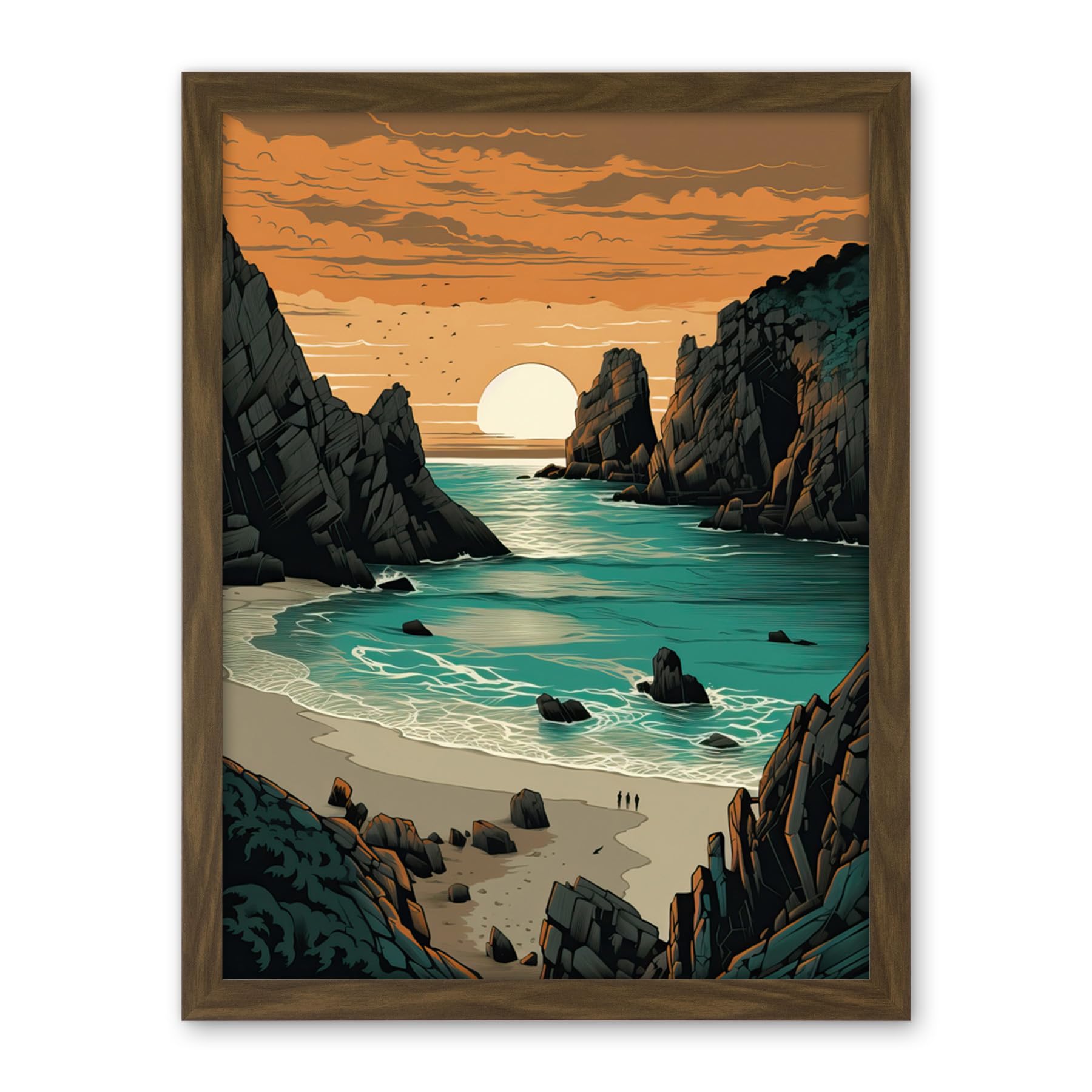 Artery8 Porthcurno Beach Sunrise Coastal Landscape Artwork Framed Wall Art Print 18X24 Inch