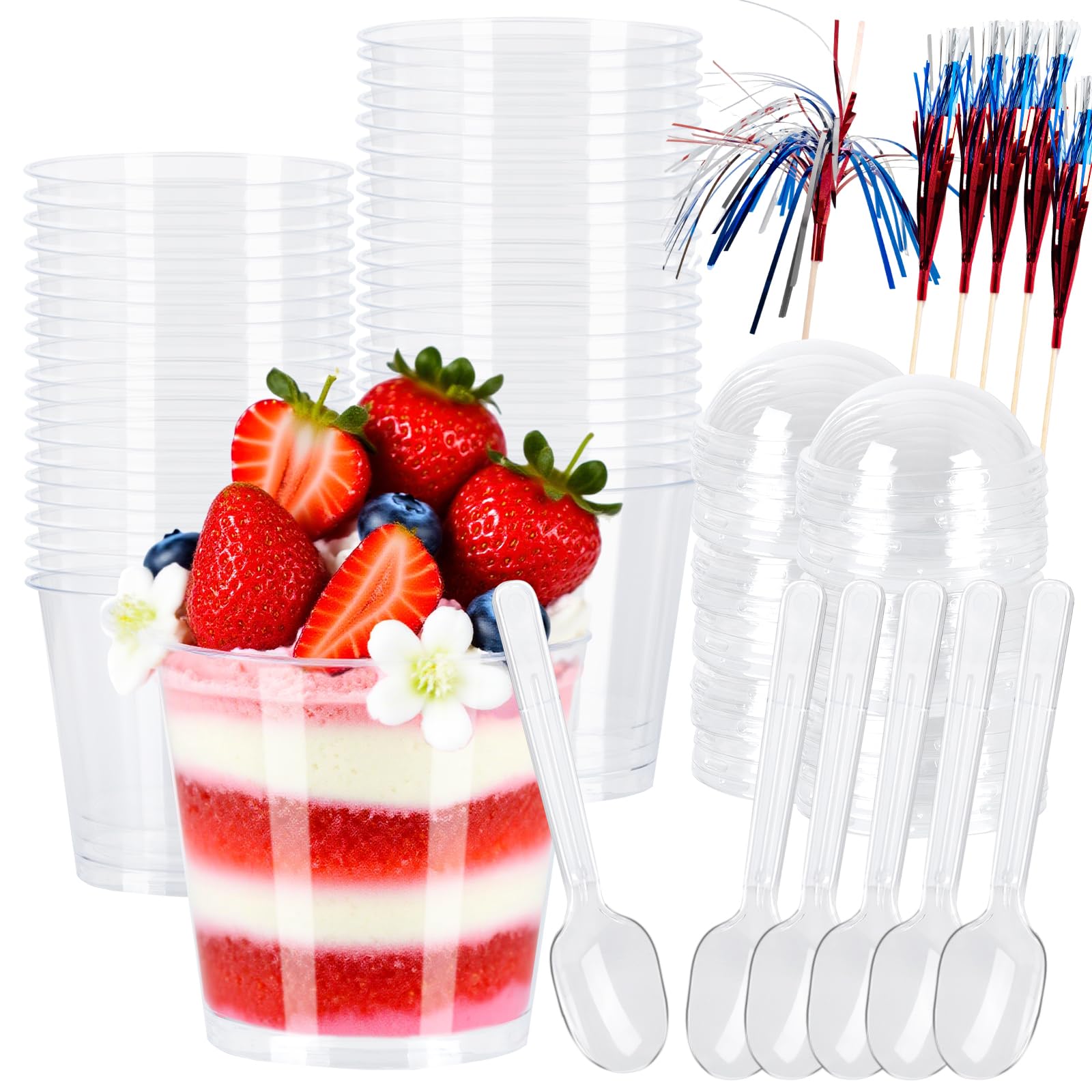 50 Vasos de Postre Transparentes Redondos 200ml con Tapas, Cucharas y 20 Adornos de Chispas - Reutilizables para Pudín, Mousse, Helado, Fiestas