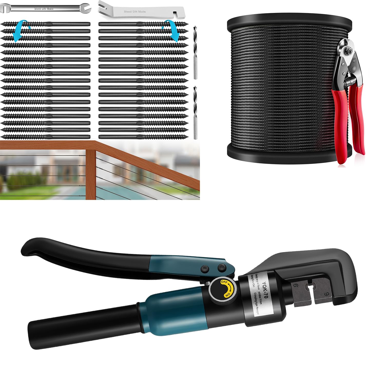 Steel DN Mate 60 Packs Black T316 Stainless Steel Left&Right Handed Thread Swage Lag Screws, 400ft 1/8" Black Cable Railing Wire Rope and Upgrade Hydraulic Crimping Tool/Hydraulic Crimper with 9 Dies