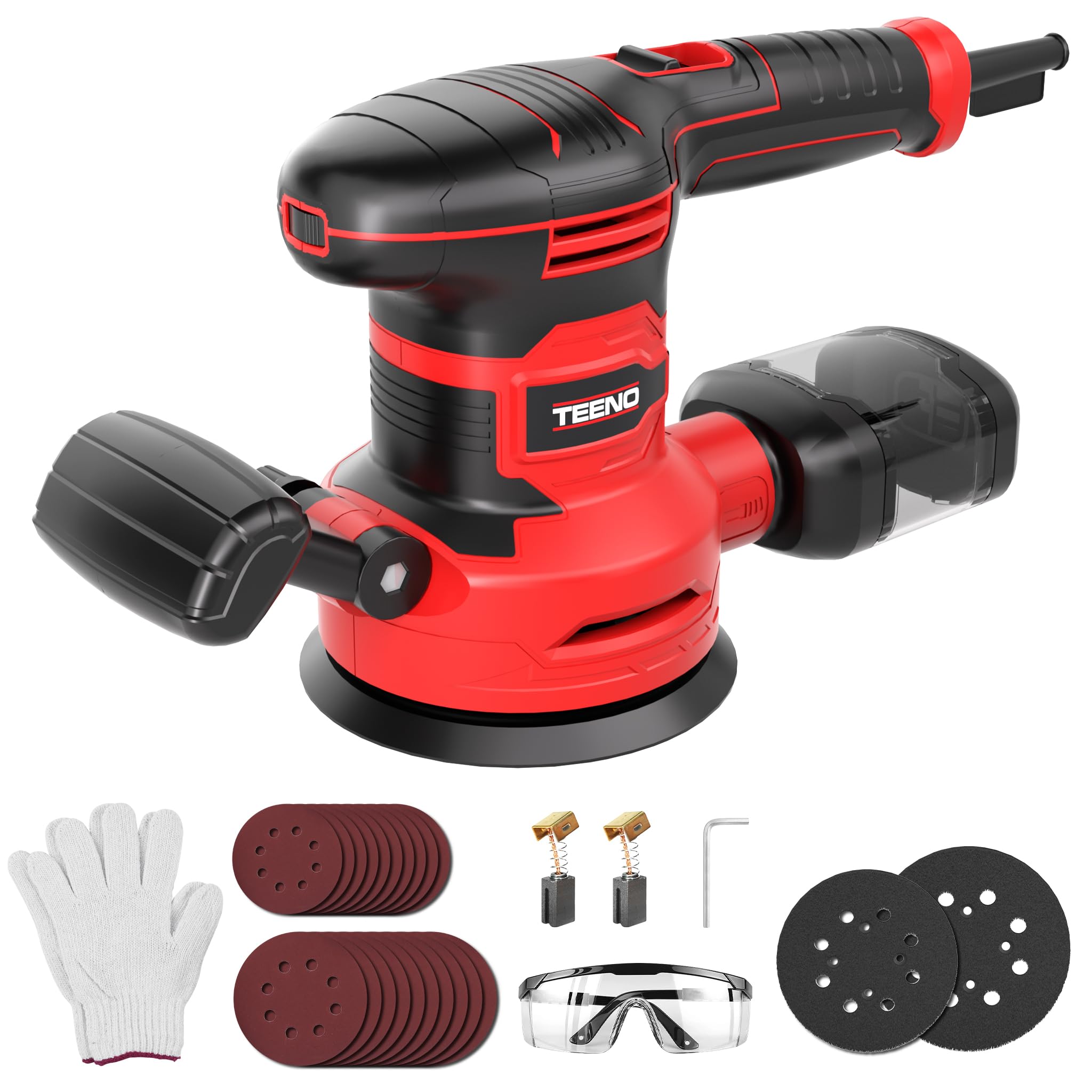 TEENO Orbital Sander 150 mm 450W, Random Orbit Sander with 6 Variable Speeds (7000-13000 RPM), 20 Sanding Discs Ø125/150 mm, Dust Collector – for Wood, Metal, Plastic Finishing