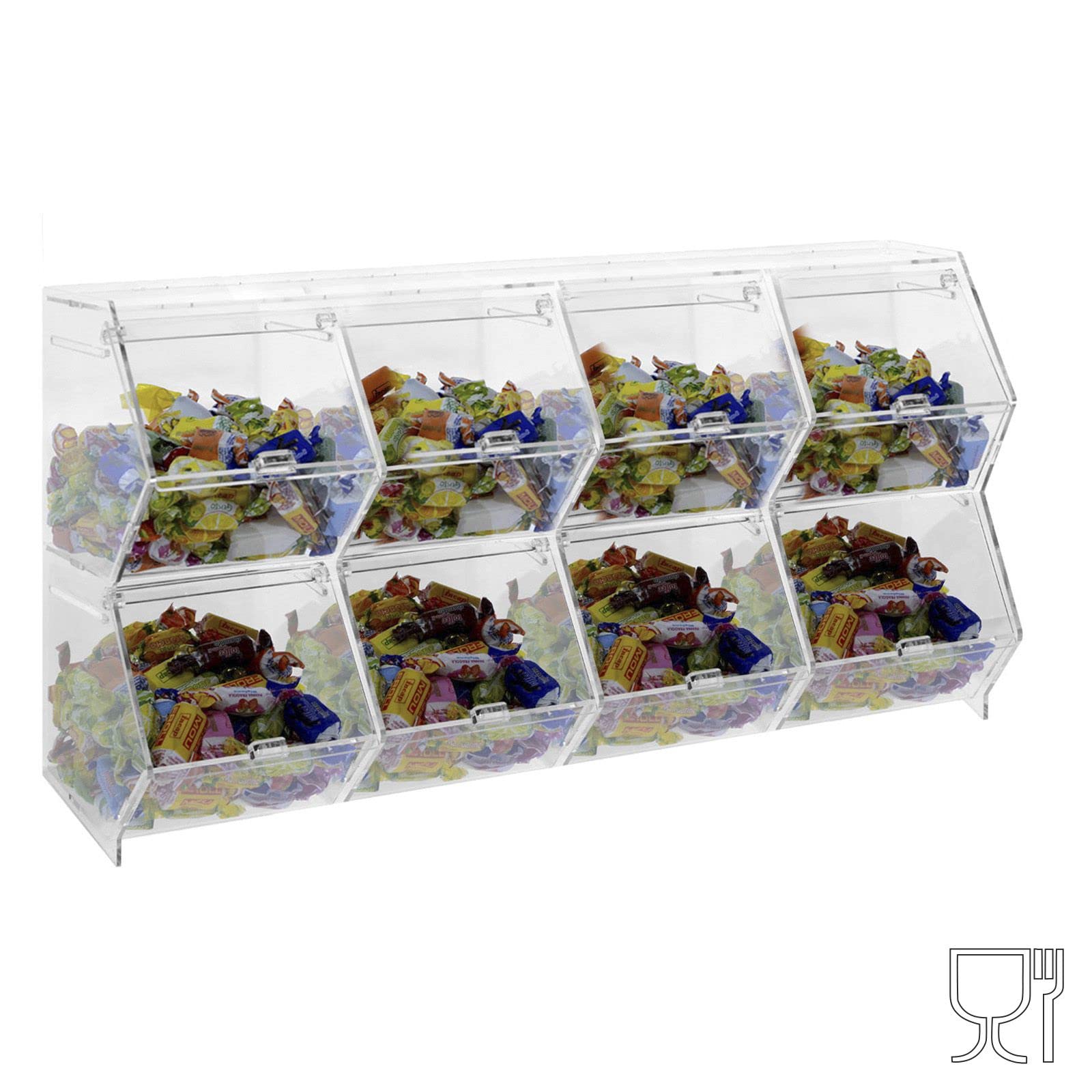 Porta caramelle confezionate da banco o da parete in plexiglass trasparente a 8 scomparti CON sportello a scomparsa - Misure totali: L 52 x P 18 x H 30.5 cm