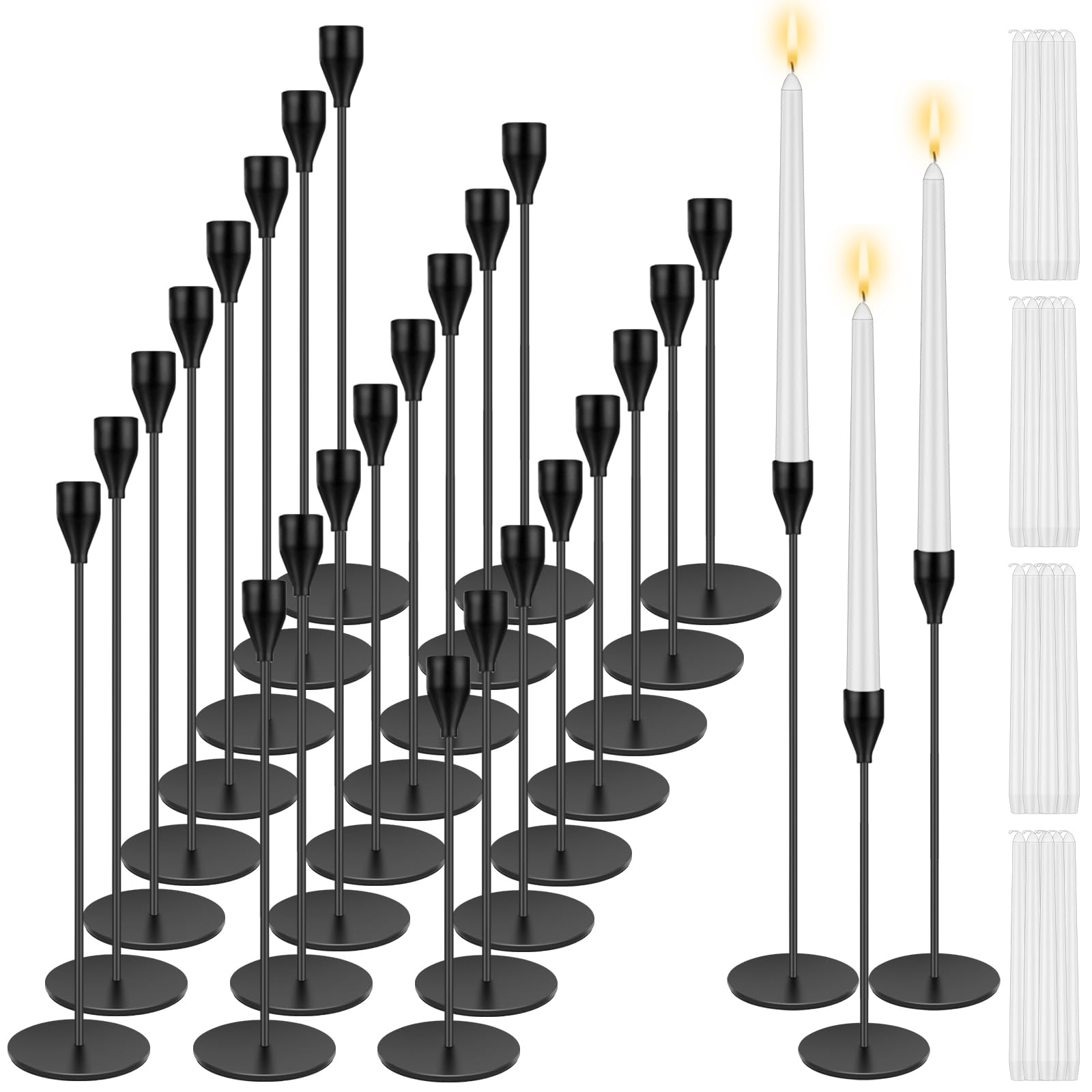 Photo 1 of 48 Pcs Black Candle Holders Set Include 24 Pcs Black Taper Candlestick Holders, 24 Pcs White Taper Candles, Candle Stick Holder Decor Taper Candle Holder for Wedding Dinning Party Home Decor Black 24