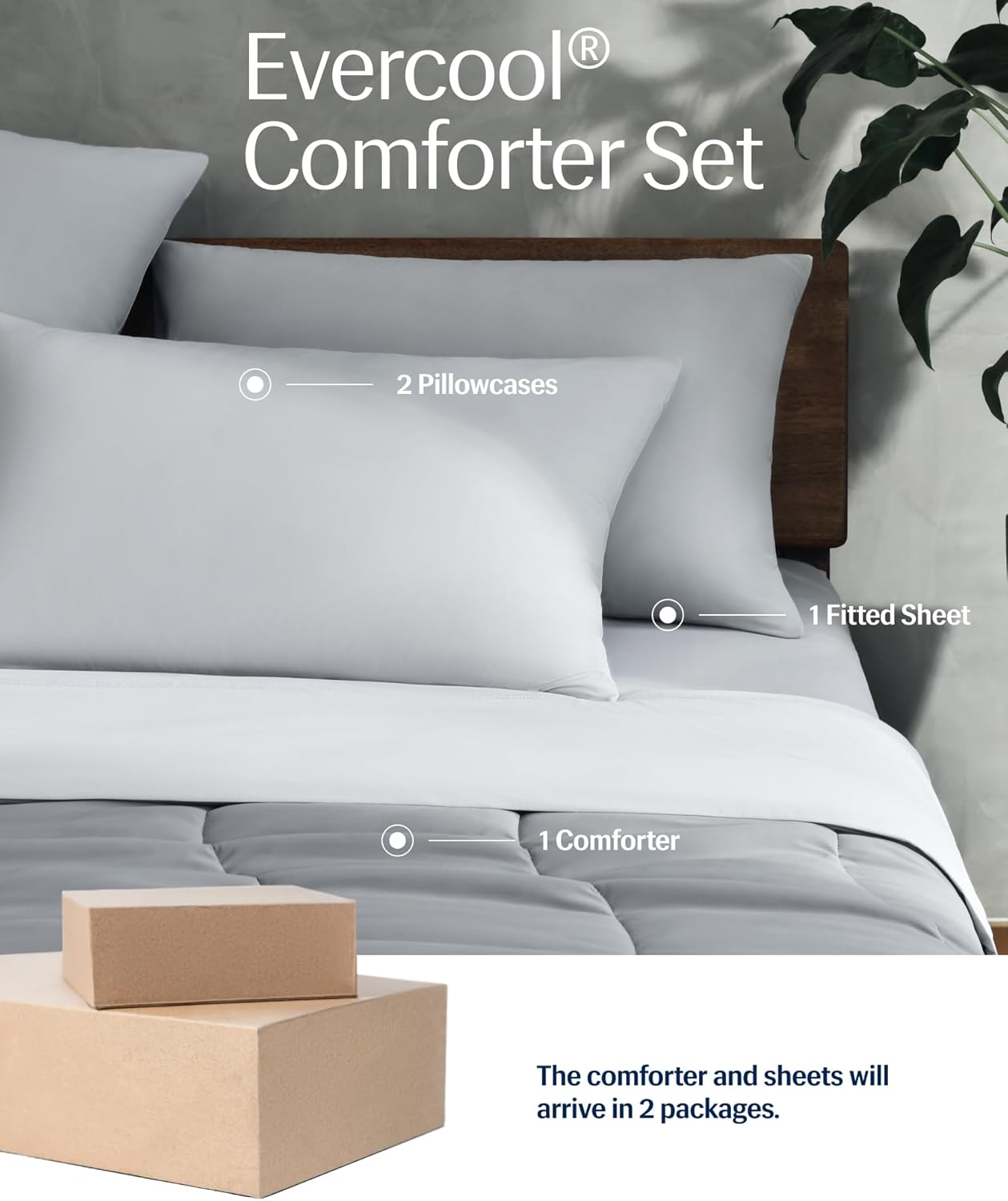 REST® Evercool®+ Cooling Comforter Set, Cali King, Light Gray, 4pcs Cooling Blanket, Wrinkle-Free Deep Pocket Fitted Sheet, 2 Silver-Infused Pillowcases for Skin and Hair Bed Set, for Ultra Comfort