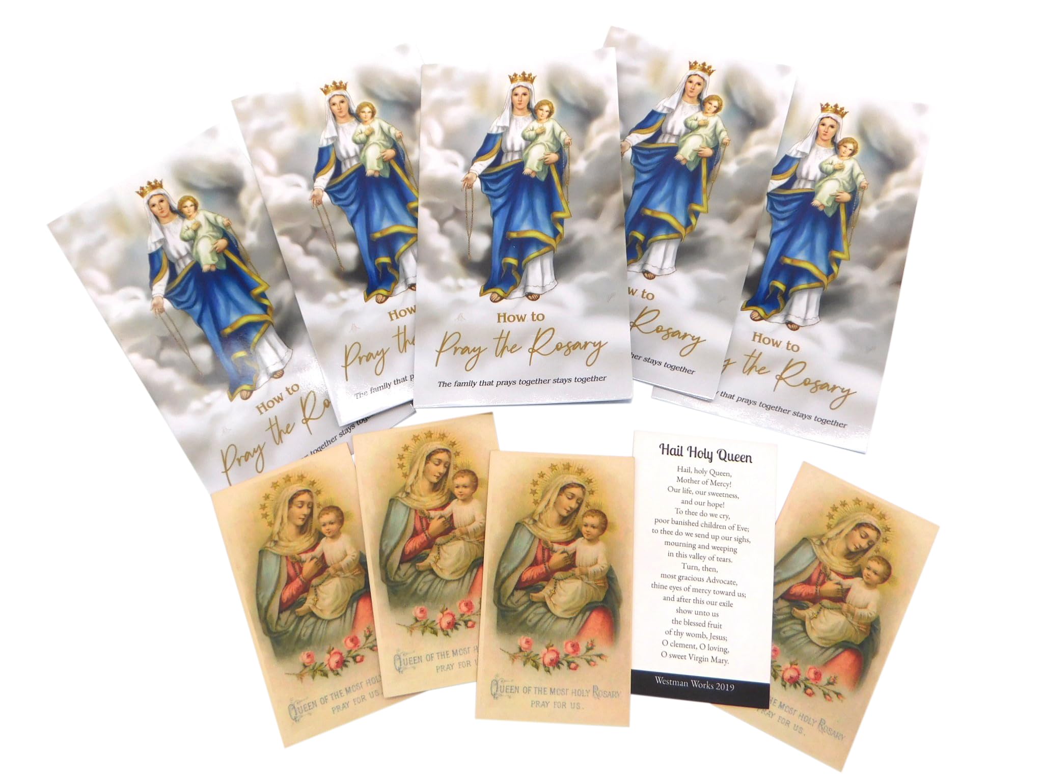 Westmon Works How to Pray the Rosary Pamphlet Bundle with Hail Holy Queen Prayer Card Set Sunday Bible School, Pack of 5 Each