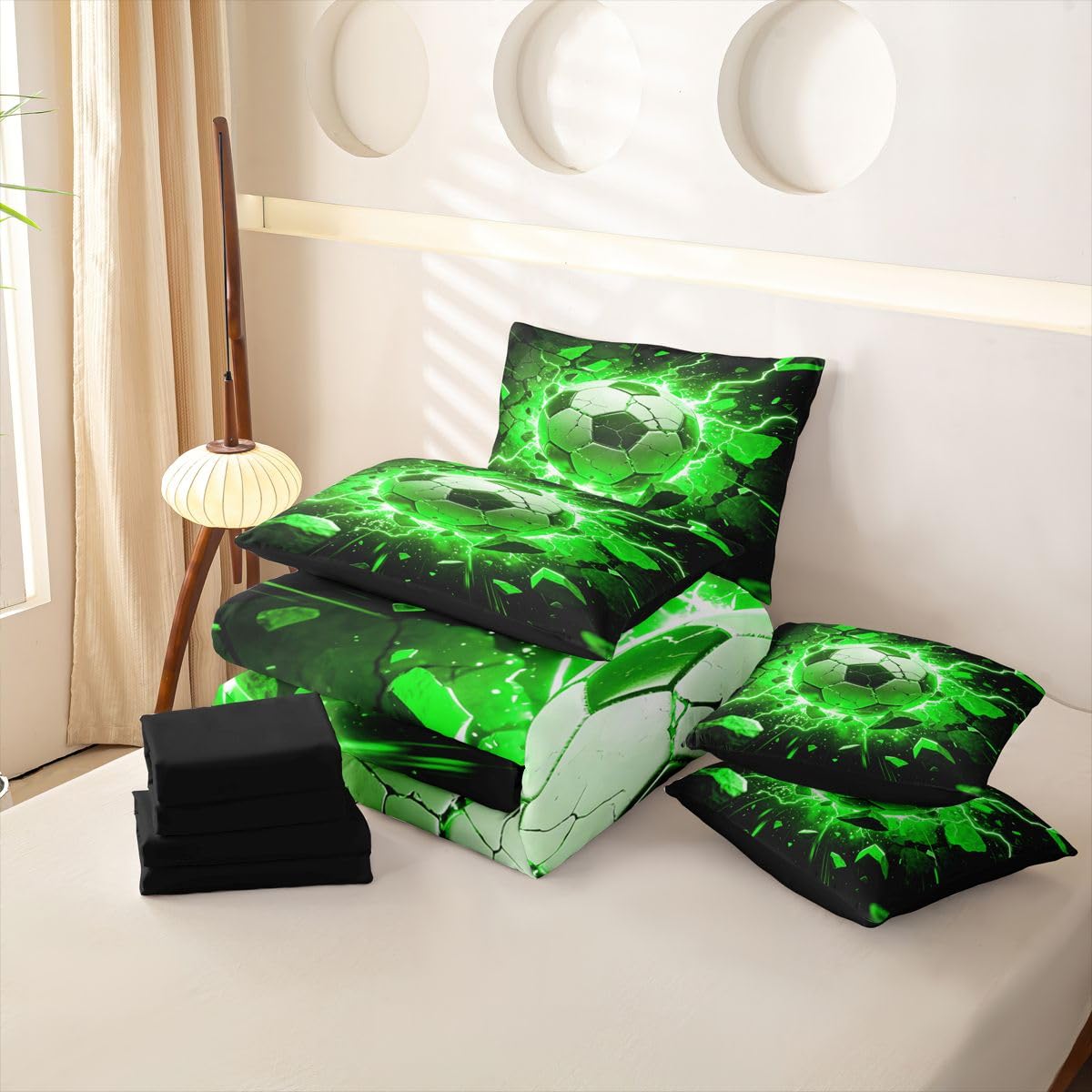 Loussiesd Juego de funda de edredón de fútbol de 7 piezas, tamaño individual, juego de ropa de cama para niños y niñas, juego de cama con funda de edredón, sábanas, fundas de almohada, fundas de cojín
