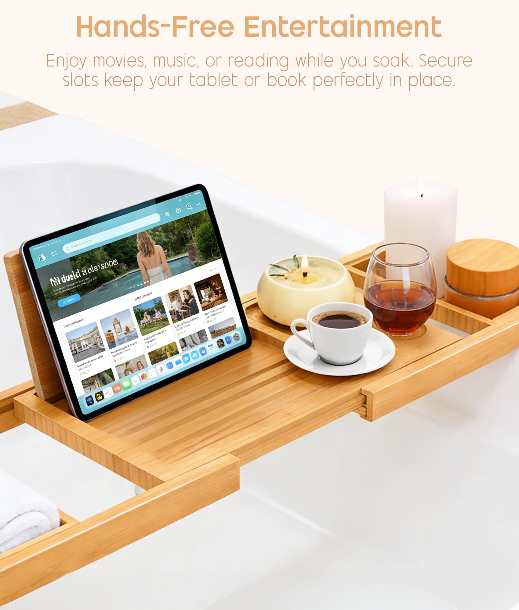 ADOV Bandeja de baño, extensible de madera de bambú de lujo con soporte integrado para libros, teléfono, tableta, vela, jabón, toalla, copa de vino, puente ajustable sobre la bañera que se adapta a la