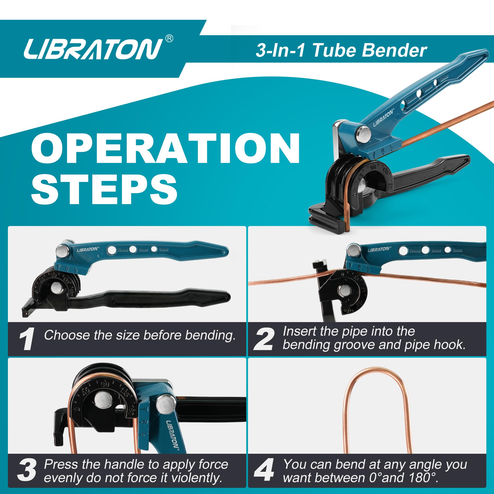 Libraton Piegatubi Manuale, Piegatubi Rame 180 Gradi, Curvatubi Manuale per Tubi in Rame 6mm 8mm 10mm, Piegatrice per Tubi in Rame, Ottone, Alluminio e Acciaio Sottile