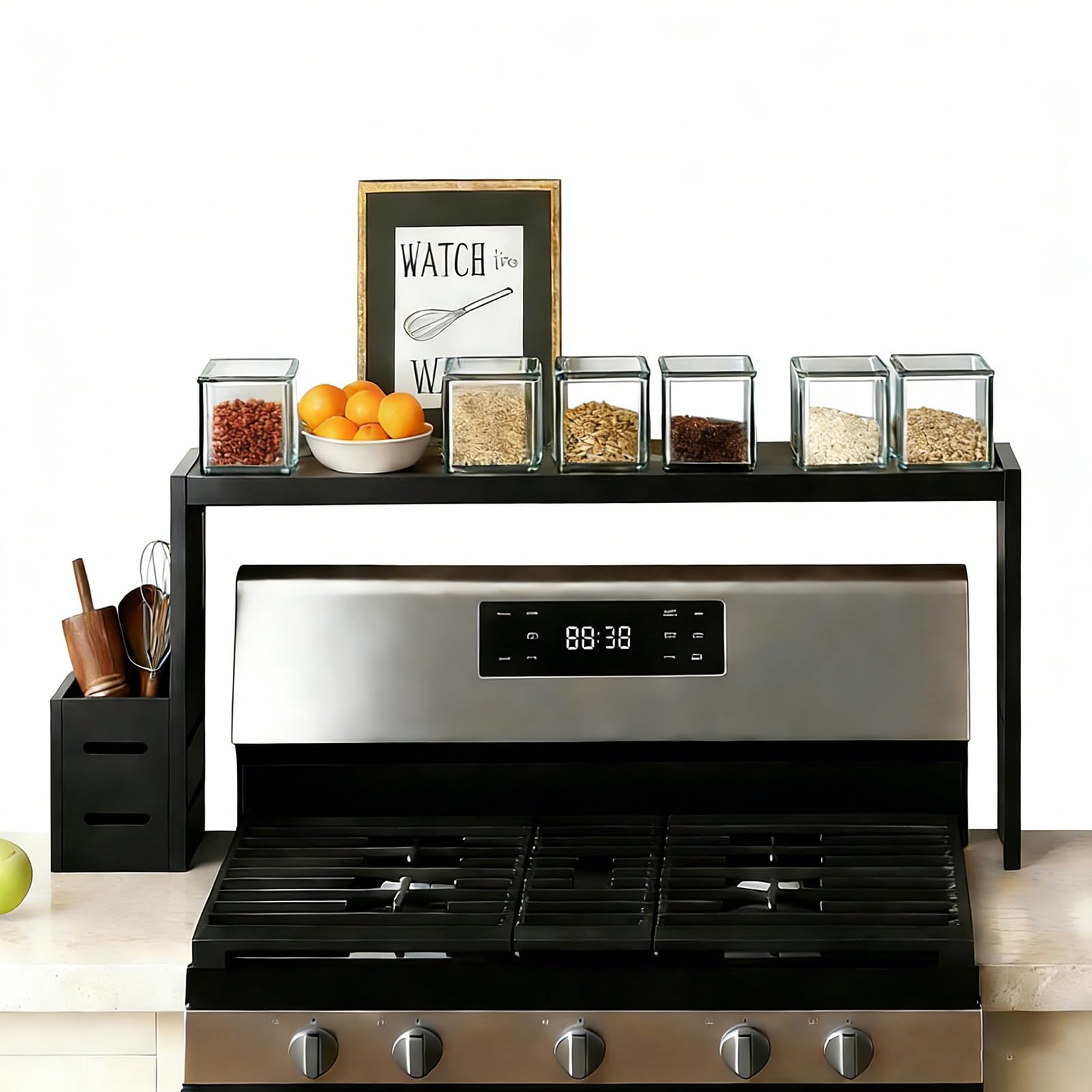 AODANC Over The Stove Shelf Wooden,Bamboo Spice Rack for Above the Kitchen Hob, 31.5-inch Spice Storage Rack,Height-Adjustable, 50-pound Weight Capacity, Easy to Assemble(Black)