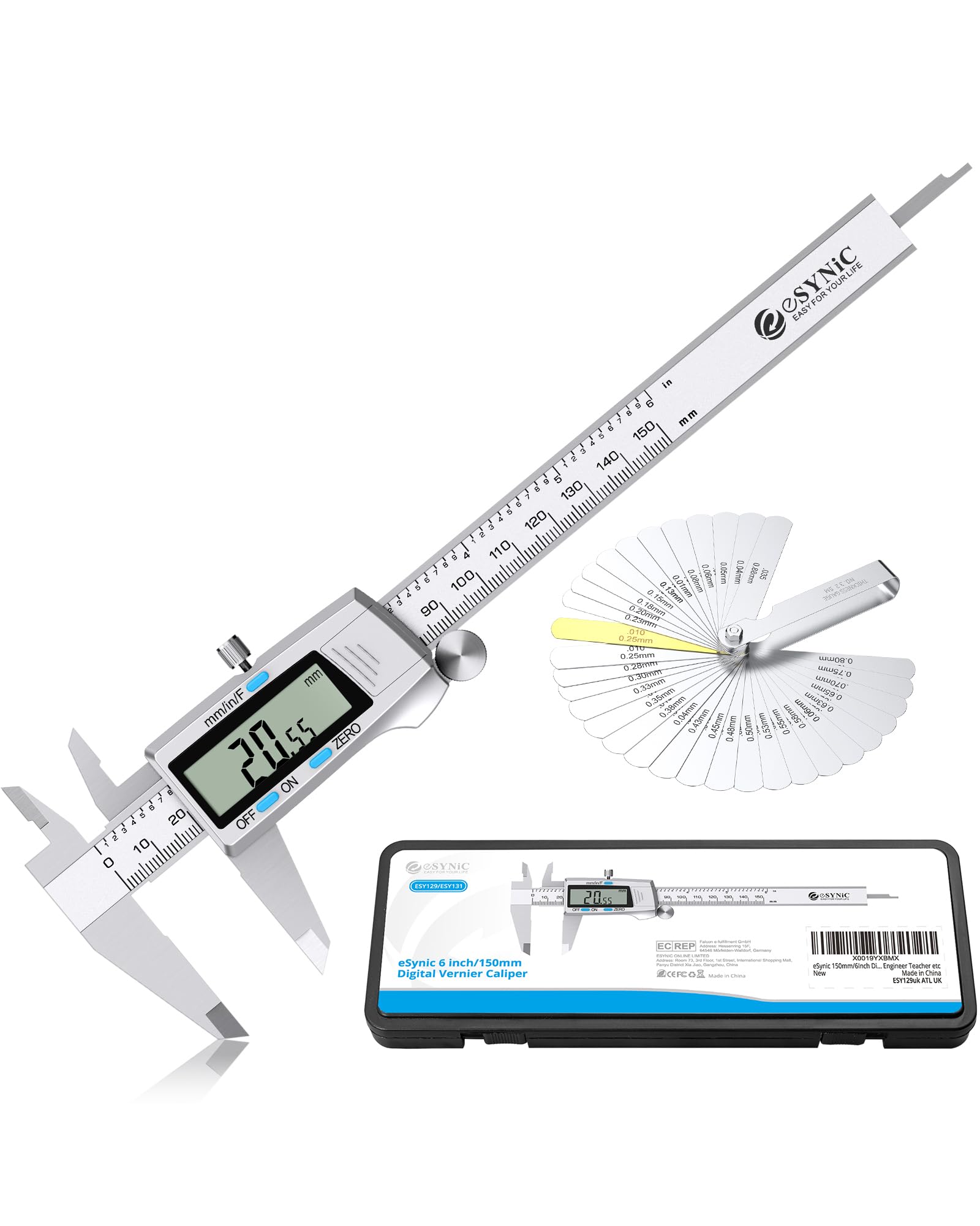 eSynic 150mm/6Inch Digital Vernier Caliper with Fractions/Inch/Metric Conversion Electronic Vernier Caliper Stainless Steel Body Vernier Caliper with Feeler Gauge for Designer Engineer Teacher etc