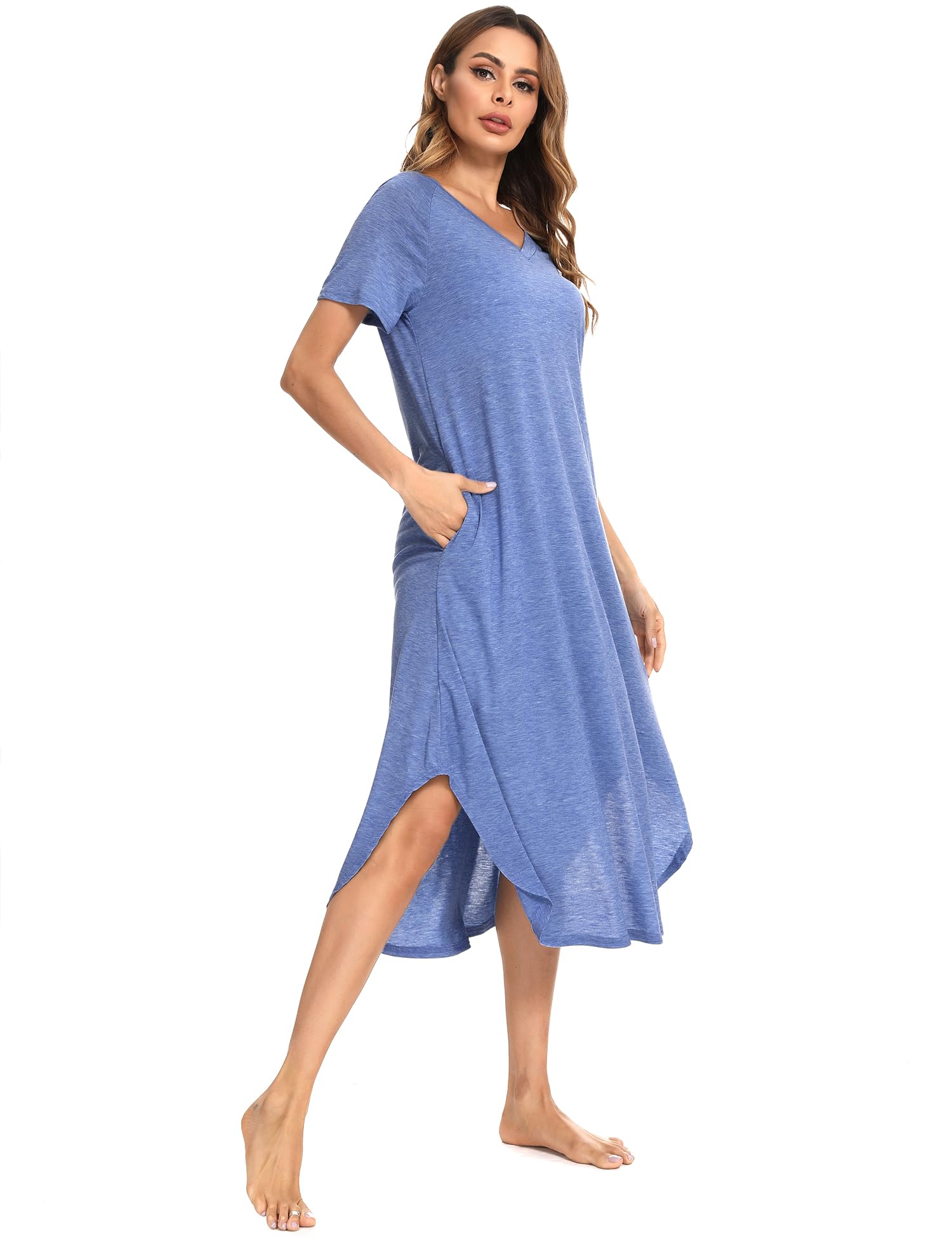 Nieery Camicia Notte Donna Cotone Maniche Corte Scollo a V Sciolto Fessura Elegante Abito Casual Lungo con Tasca